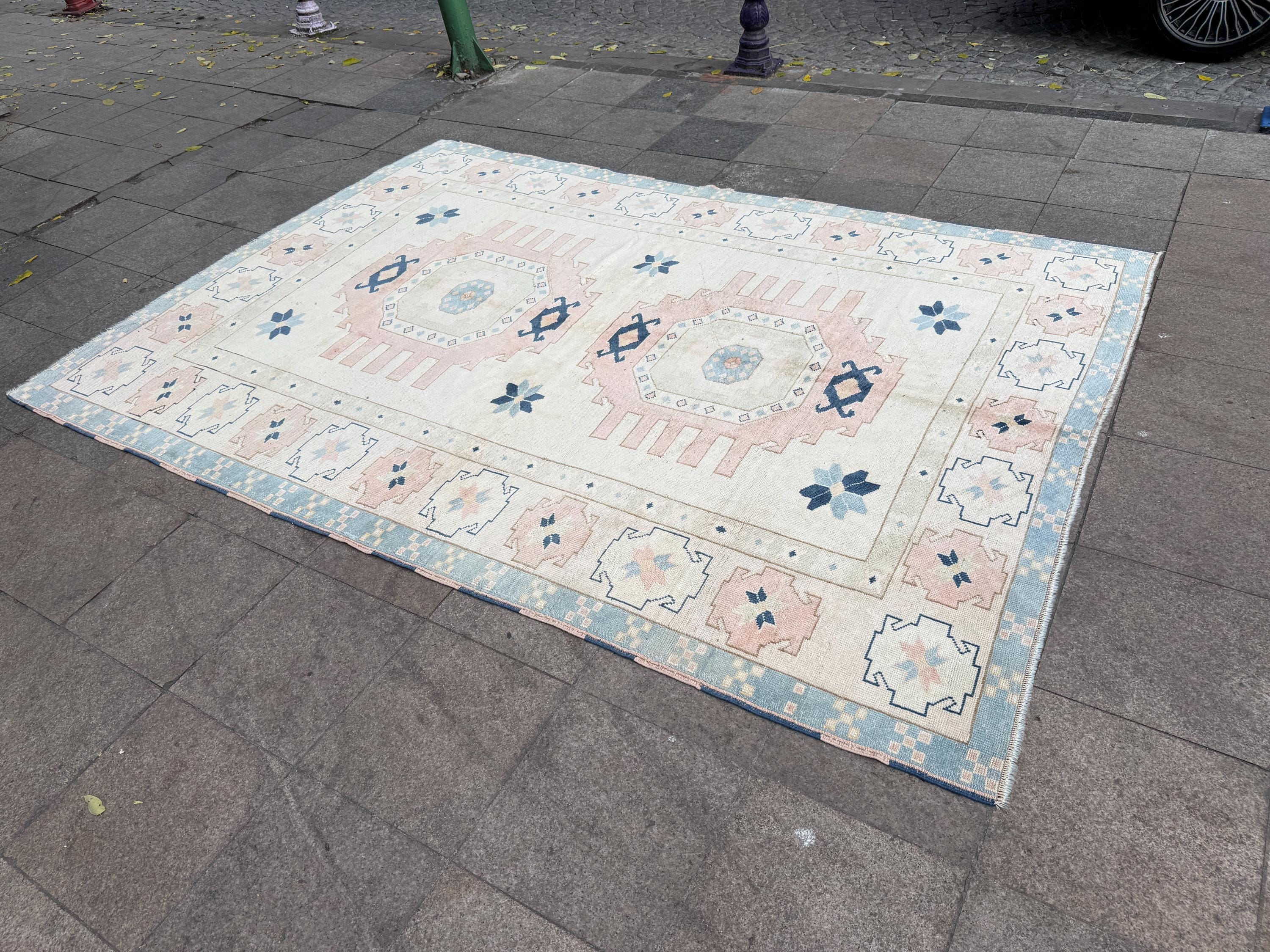 7'x10' feet Vintage Turkish Anatolian Rug,Beige Color Geometric Rug,370