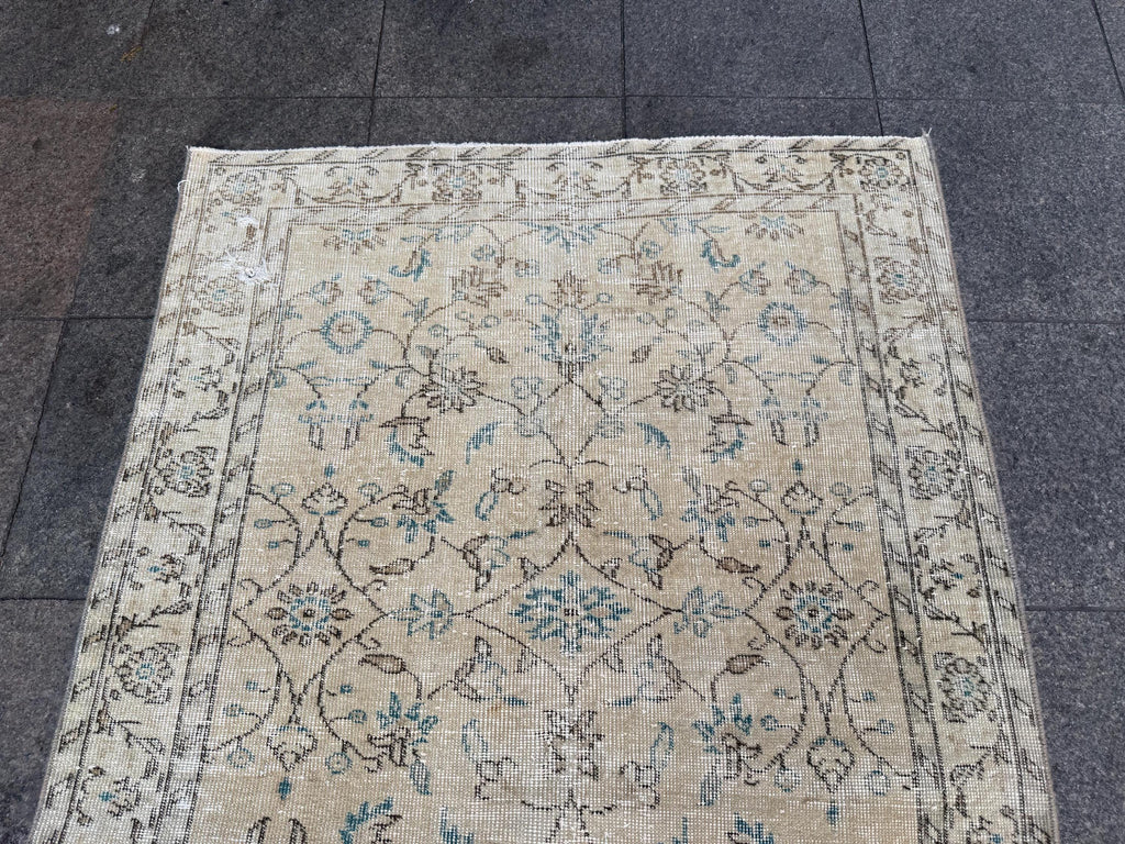 3'10"x6'10" Vintage Anatolian Wool Rug,Floral Decoritive Beige Rug ,126