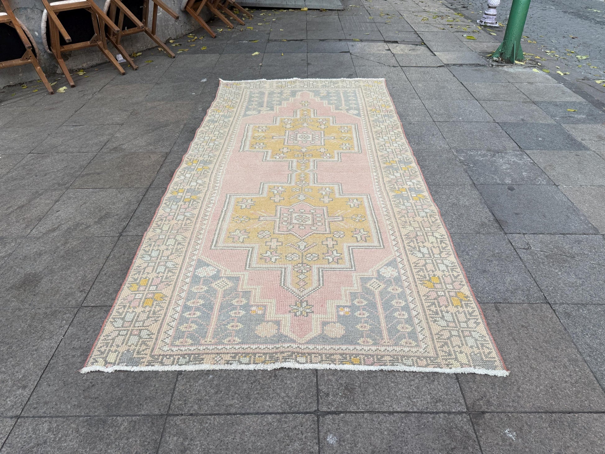 4'1"x8'11" Vintage Turkish Anatolian Wool Rug, Pink Geometric Rug,915