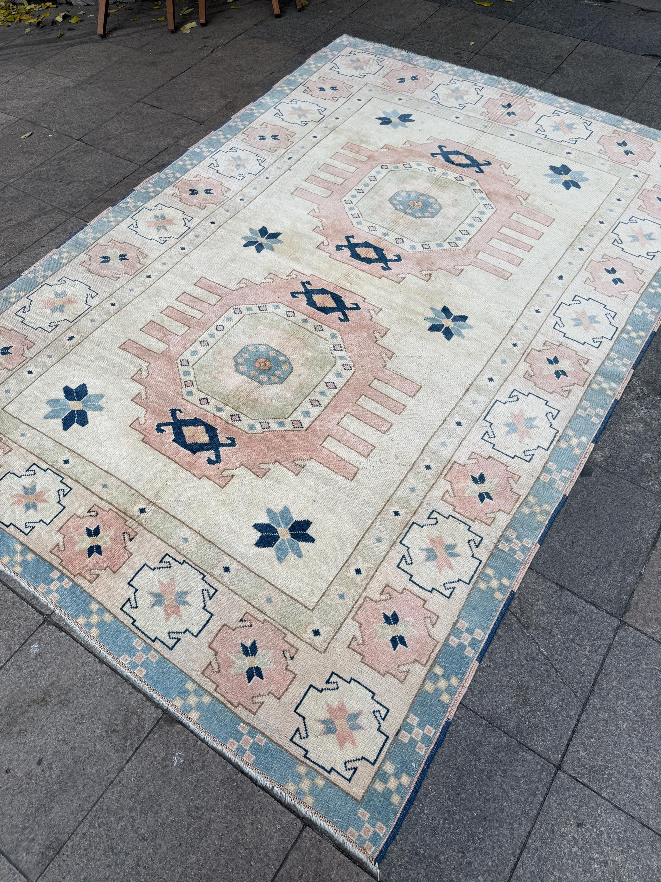 7'x10' feet Vintage Turkish Anatolian Rug,Beige Color Geometric Rug,370