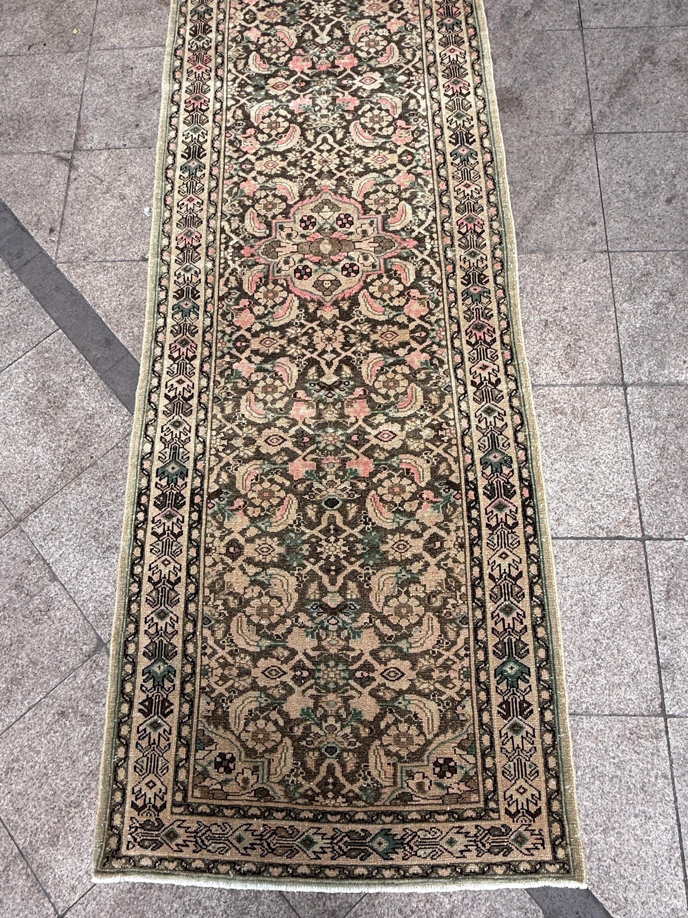 3'6"x10'7" feet Vintage Anatolian Wool Runner Rug,Floral Decoritive Natural Color Rug ,140