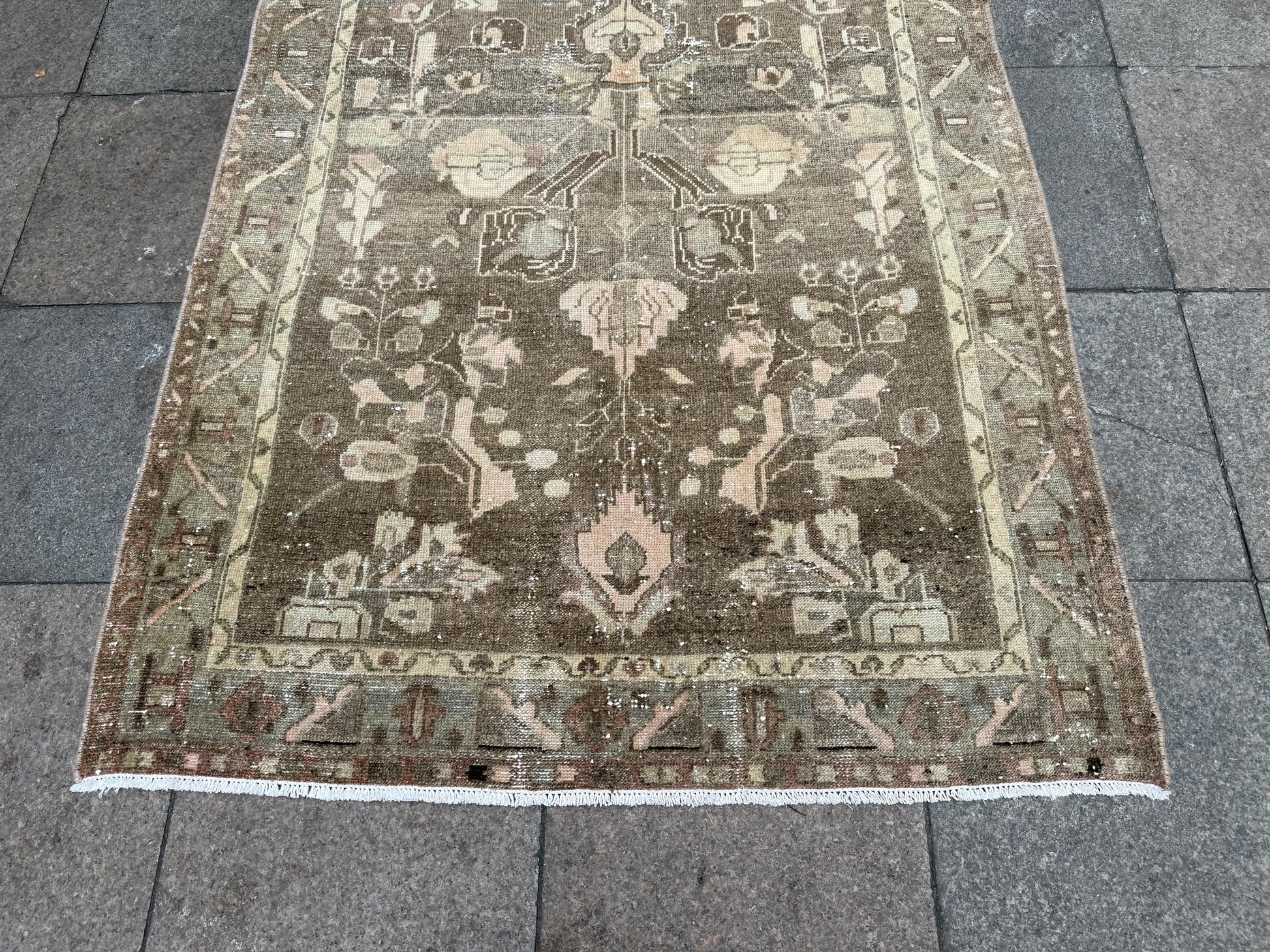 3'11"x11' feet Vintage Anatolian Wool Runner Rug,Floral Decoritive Beige Runner ,134