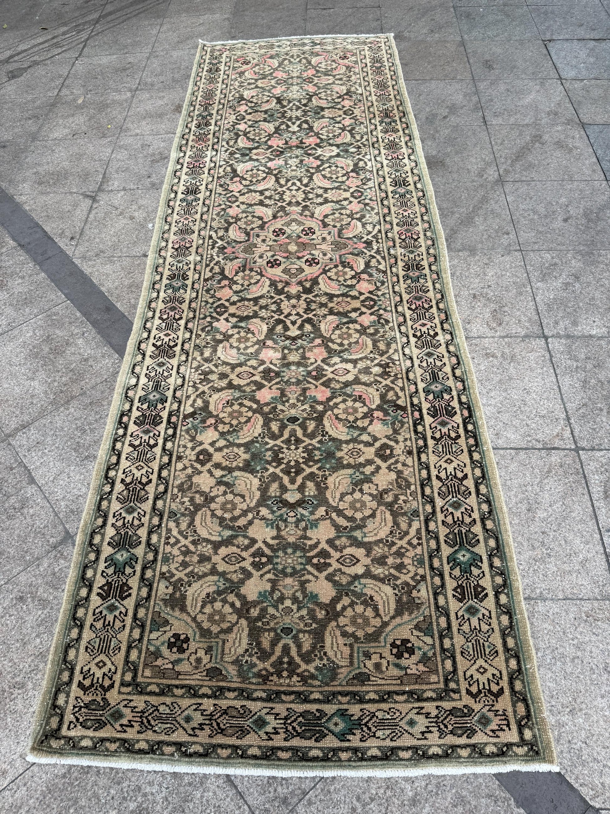 3'6"x10'7" feet Vintage Anatolian Wool Runner Rug,Floral Decoritive Natural Color Rug ,140