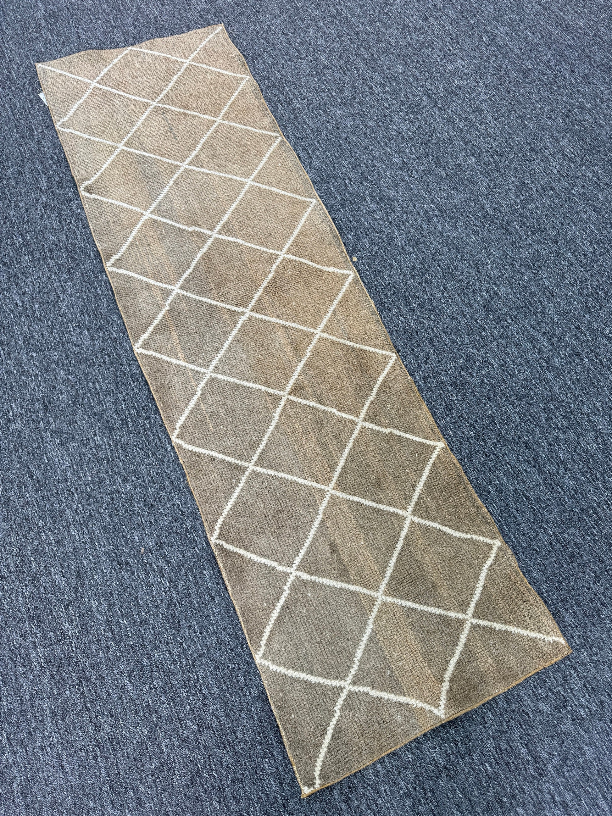 Vintage Turkish Wool Runner Rug, Geometric Brown Cream, 2x7 ft