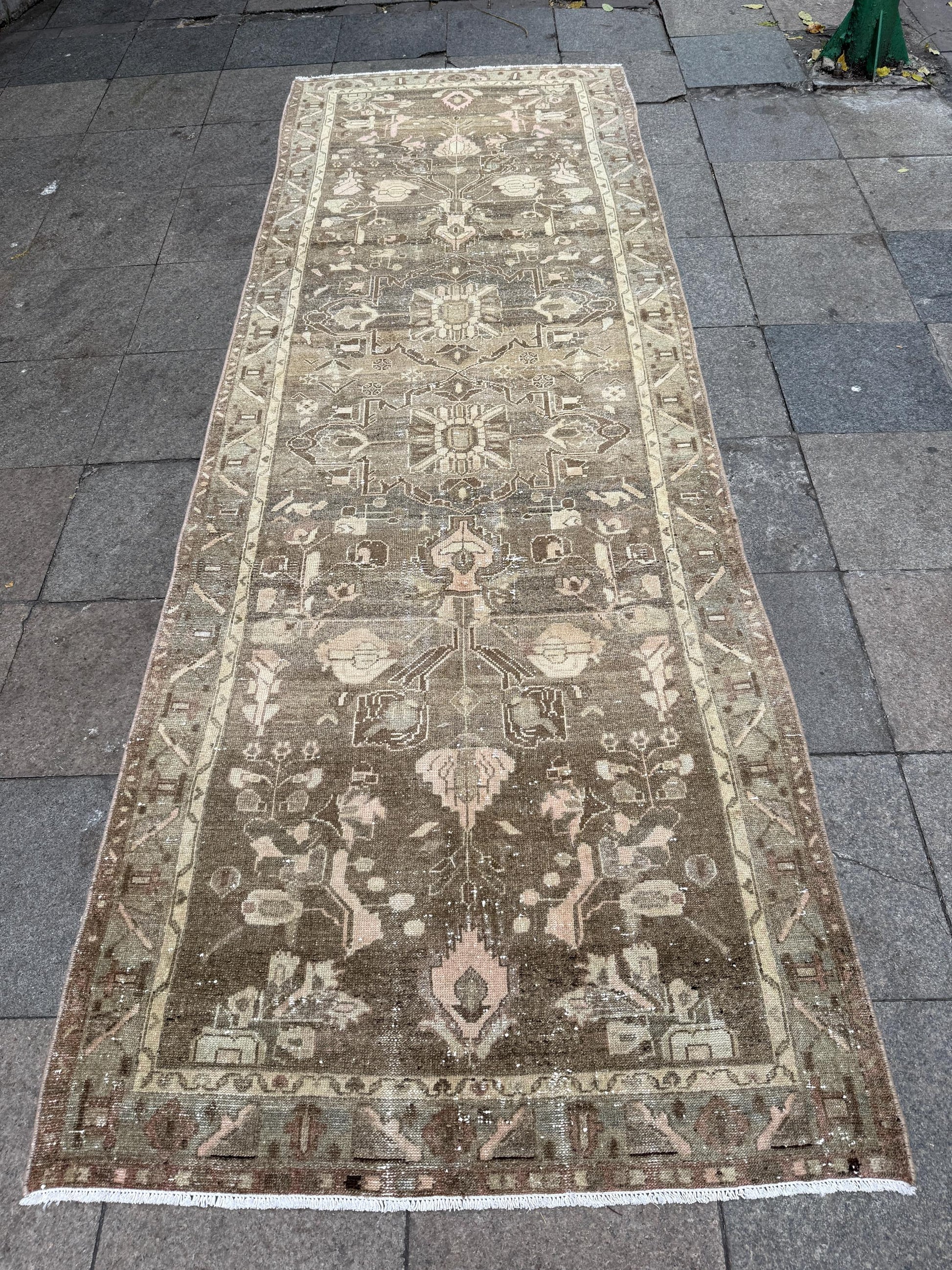 3'11"x11' feet Vintage Anatolian Wool Runner Rug,Floral Decoritive Beige Runner ,134