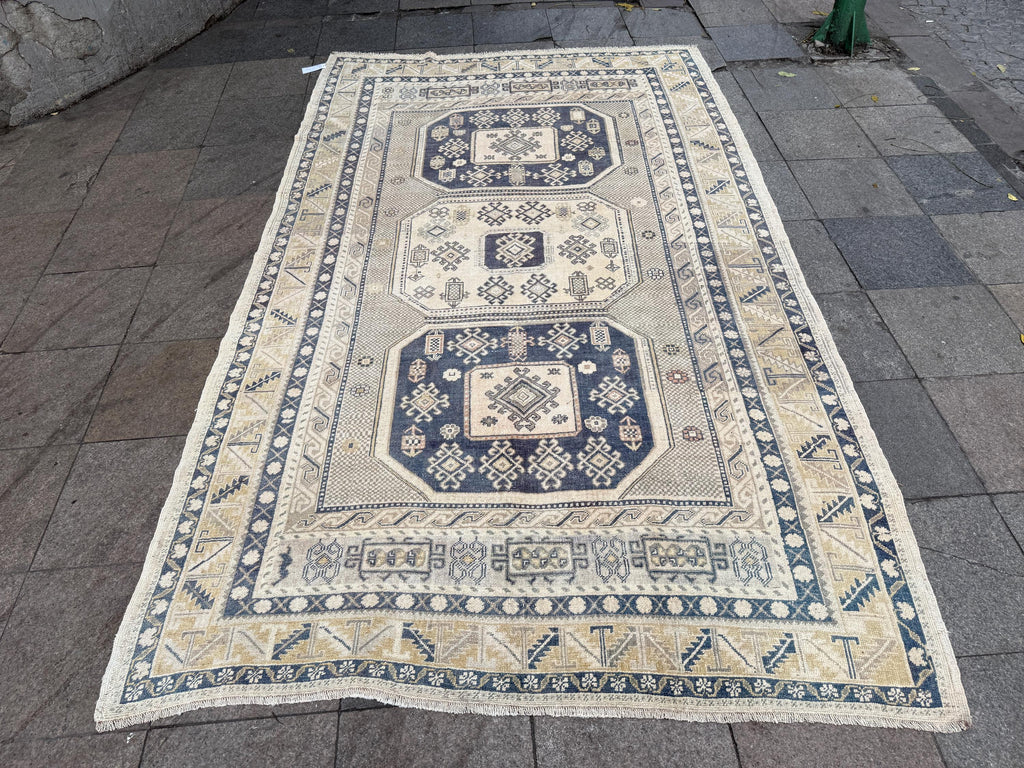 6'3"x10'5" feet Vintage Turkish Anatolian Rug,Blue Geometric Rug,89