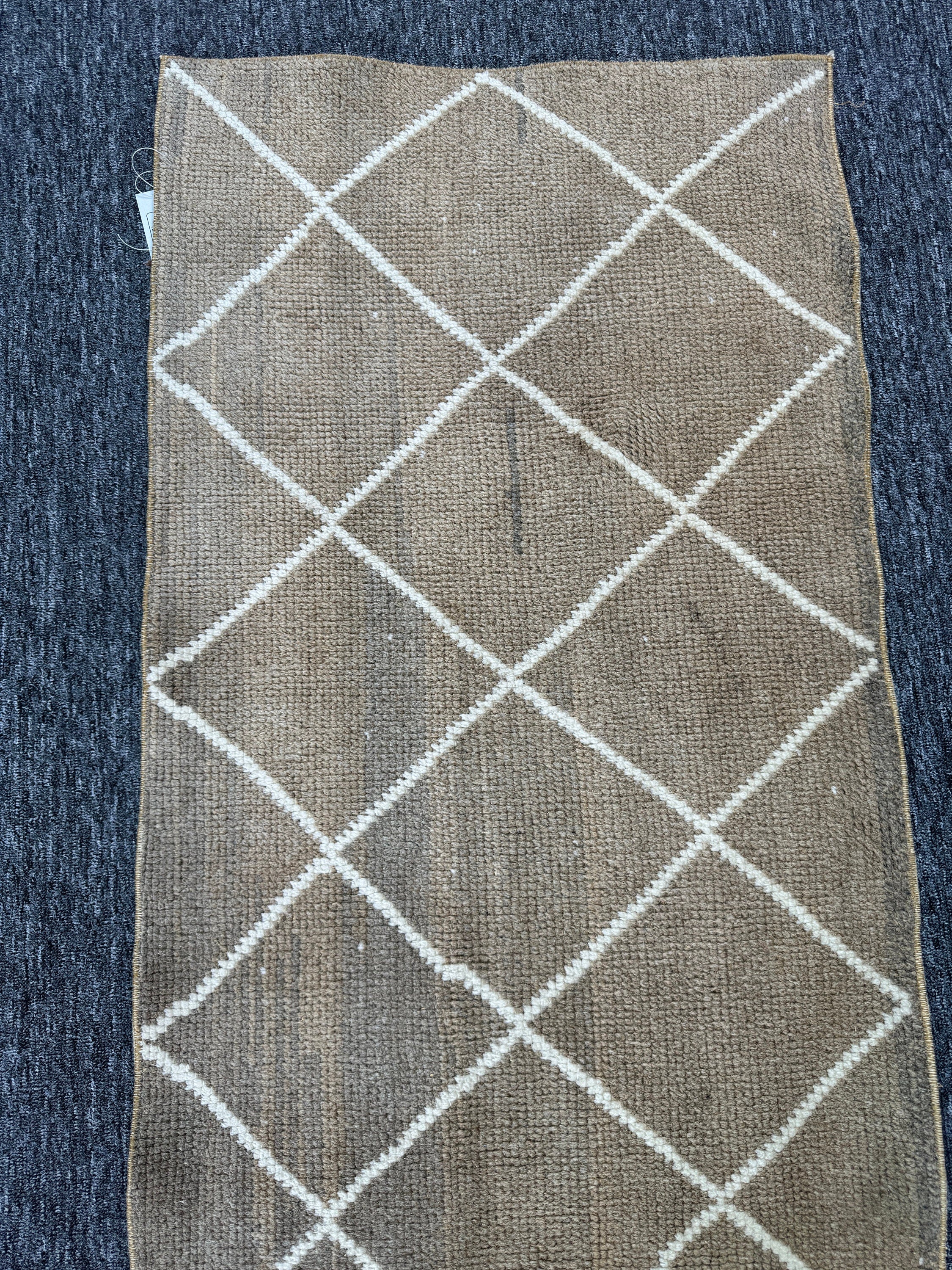 Vintage Turkish Wool Runner Rug, Geometric Brown Cream, 2x7 ft