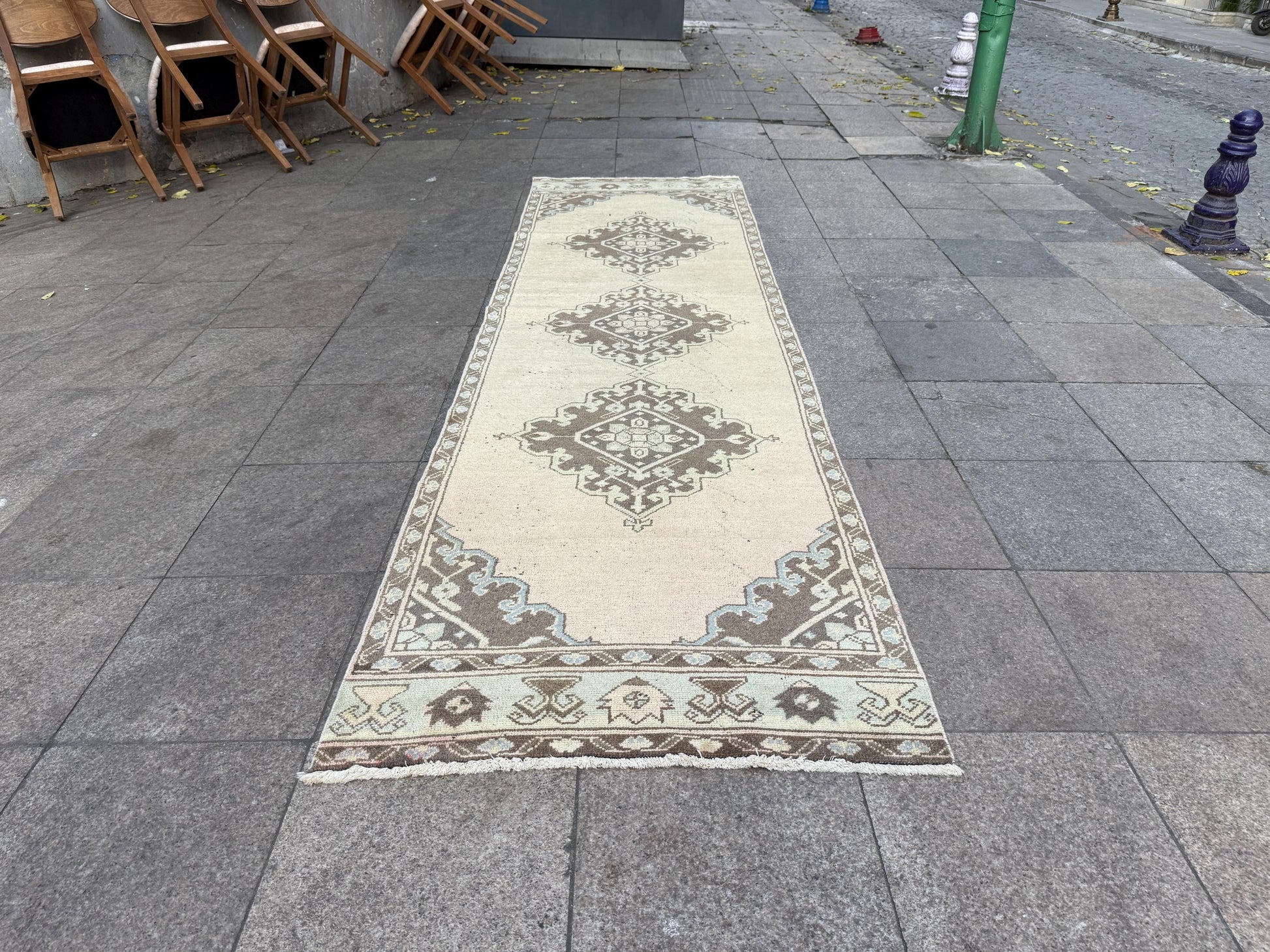 3'1"x11' feet Vintage Anatolian Wool Runner Rug,Floral Decoritive Beige Runner ,301