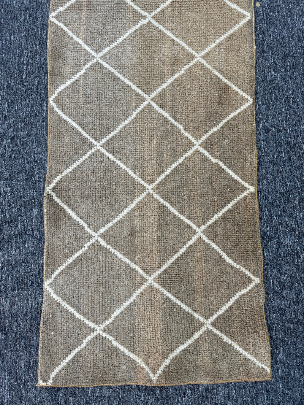 Vintage Turkish Wool Runner Rug, Geometric Brown Cream, 2x7 ft