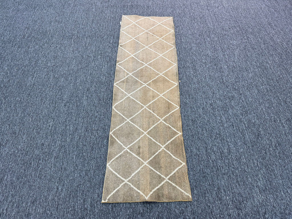 Vintage Turkish Wool Runner Rug, Geometric Brown Cream, 2x7 ft