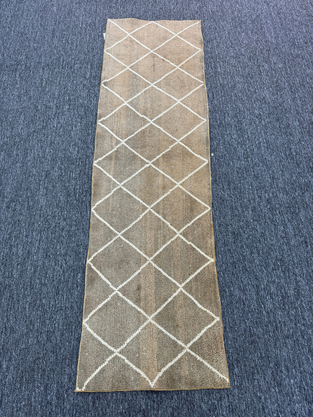 Vintage Turkish Wool Runner Rug, Geometric Brown Cream, 2x7 ft