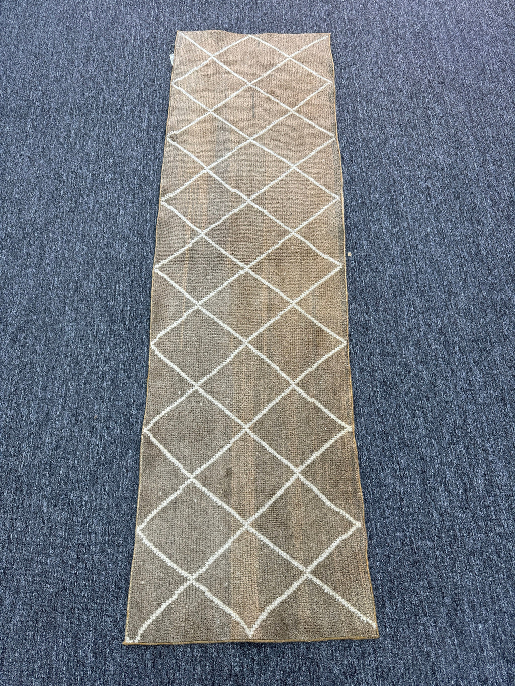 Vintage Turkish Wool Runner Rug, Geometric Brown Cream, 2x7 ft