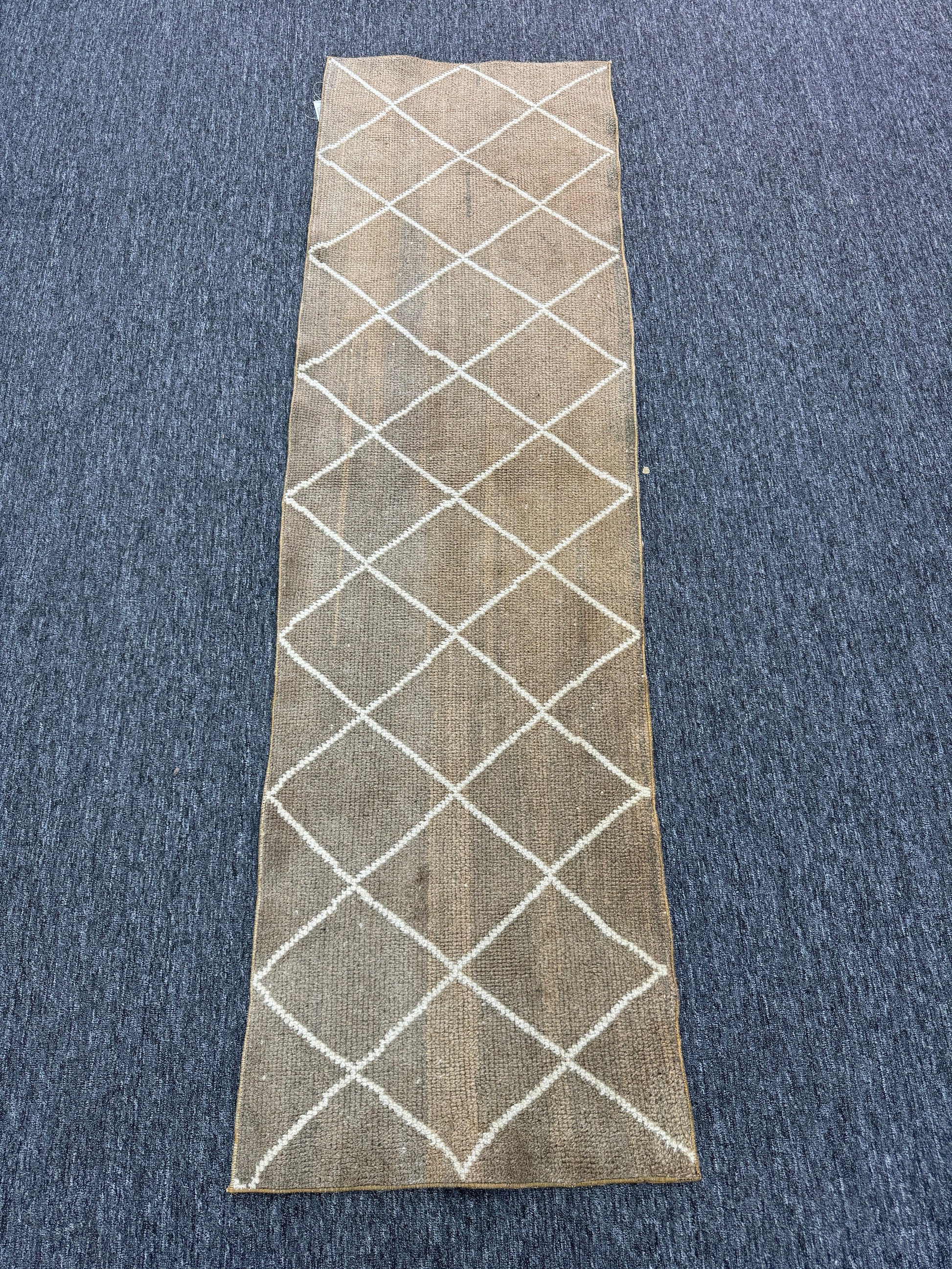 Vintage Turkish Wool Runner Rug, Geometric Brown Cream, 2x7 ft