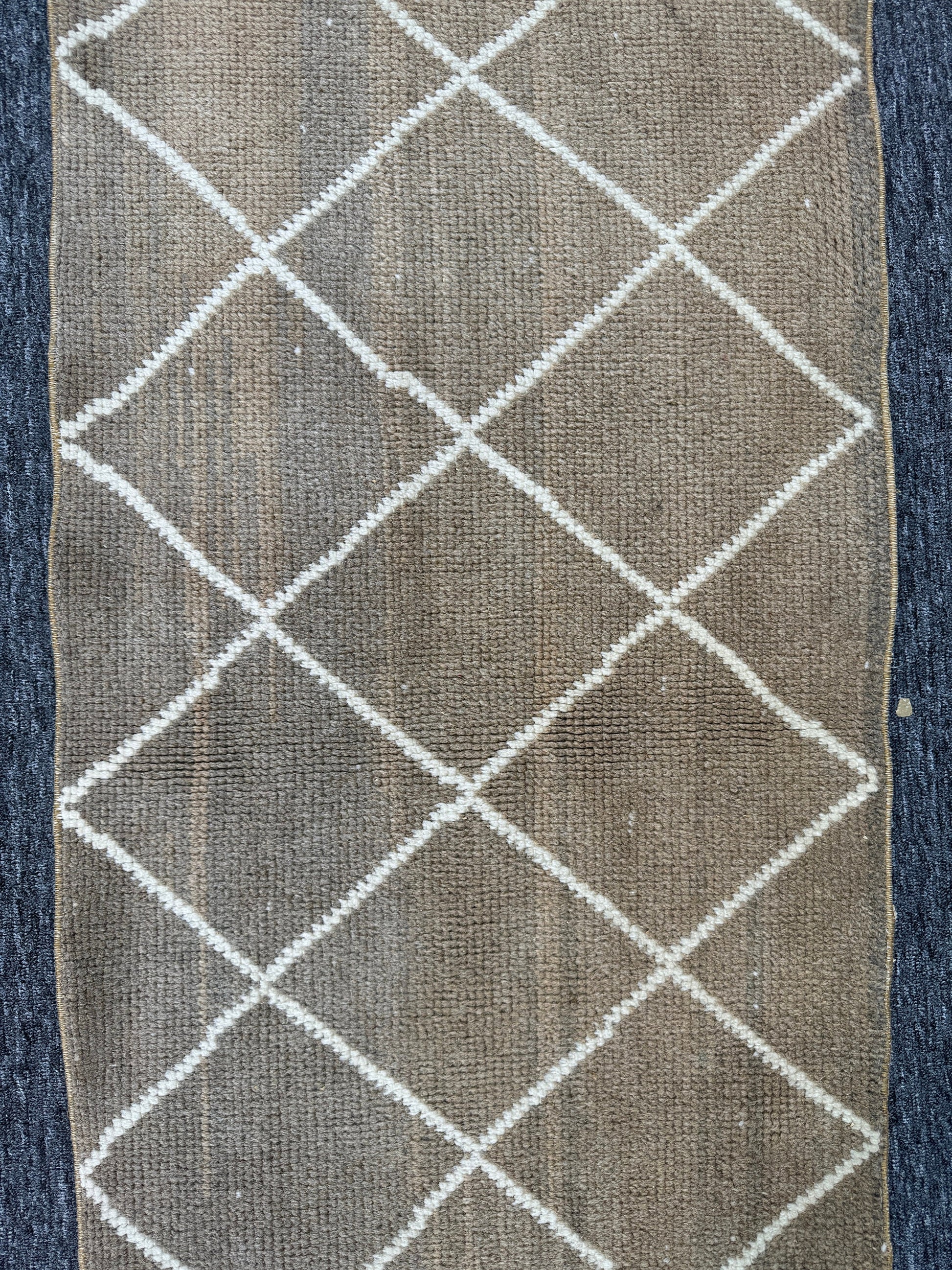 Vintage Turkish Wool Runner Rug, Geometric Brown Cream, 2x7 ft