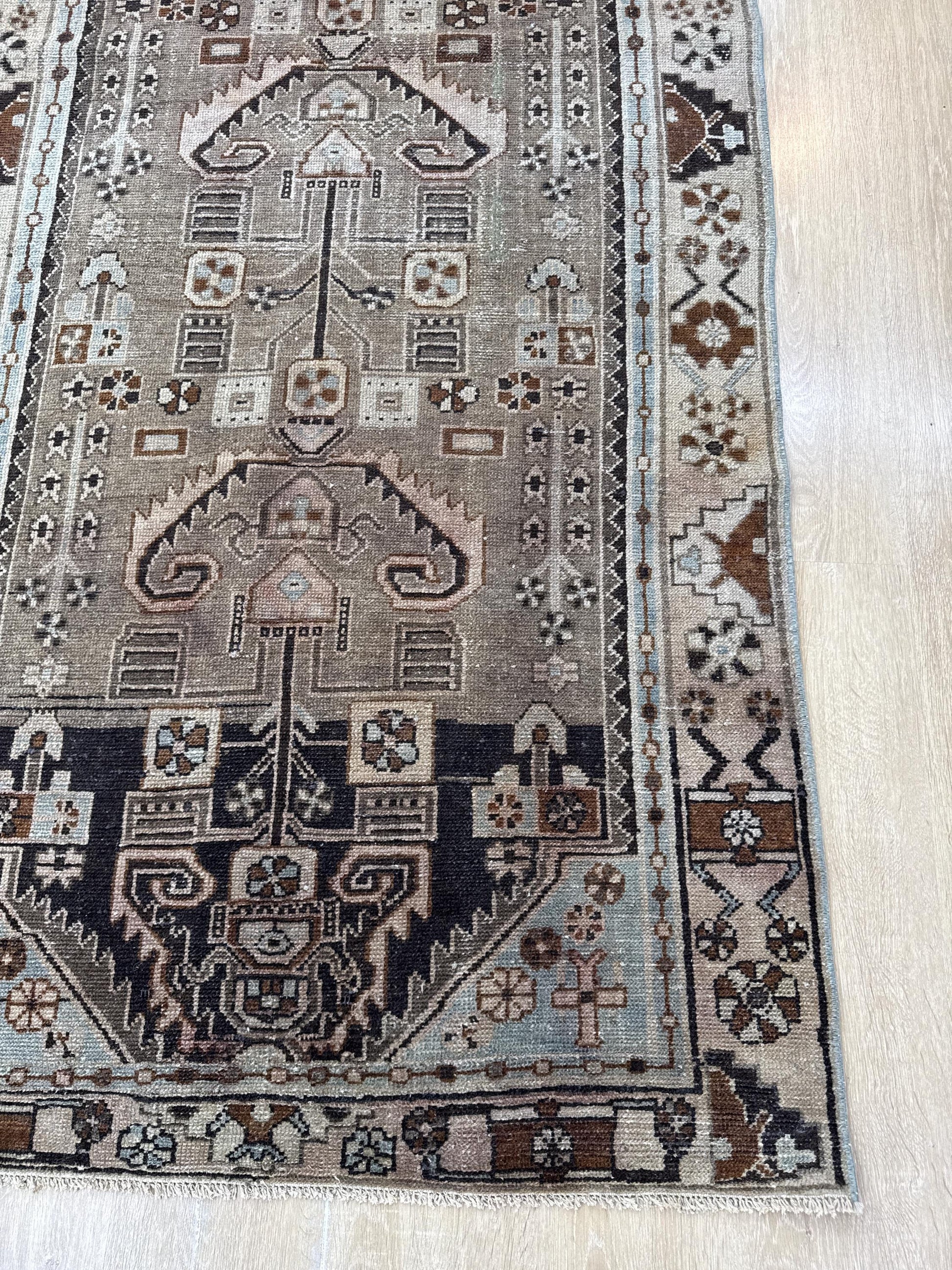 3'6"x16'2" Feet ,brown background Turkish vintage anatolian runner,beige,blue colors rugs,runner,beige border,Floral runner,04