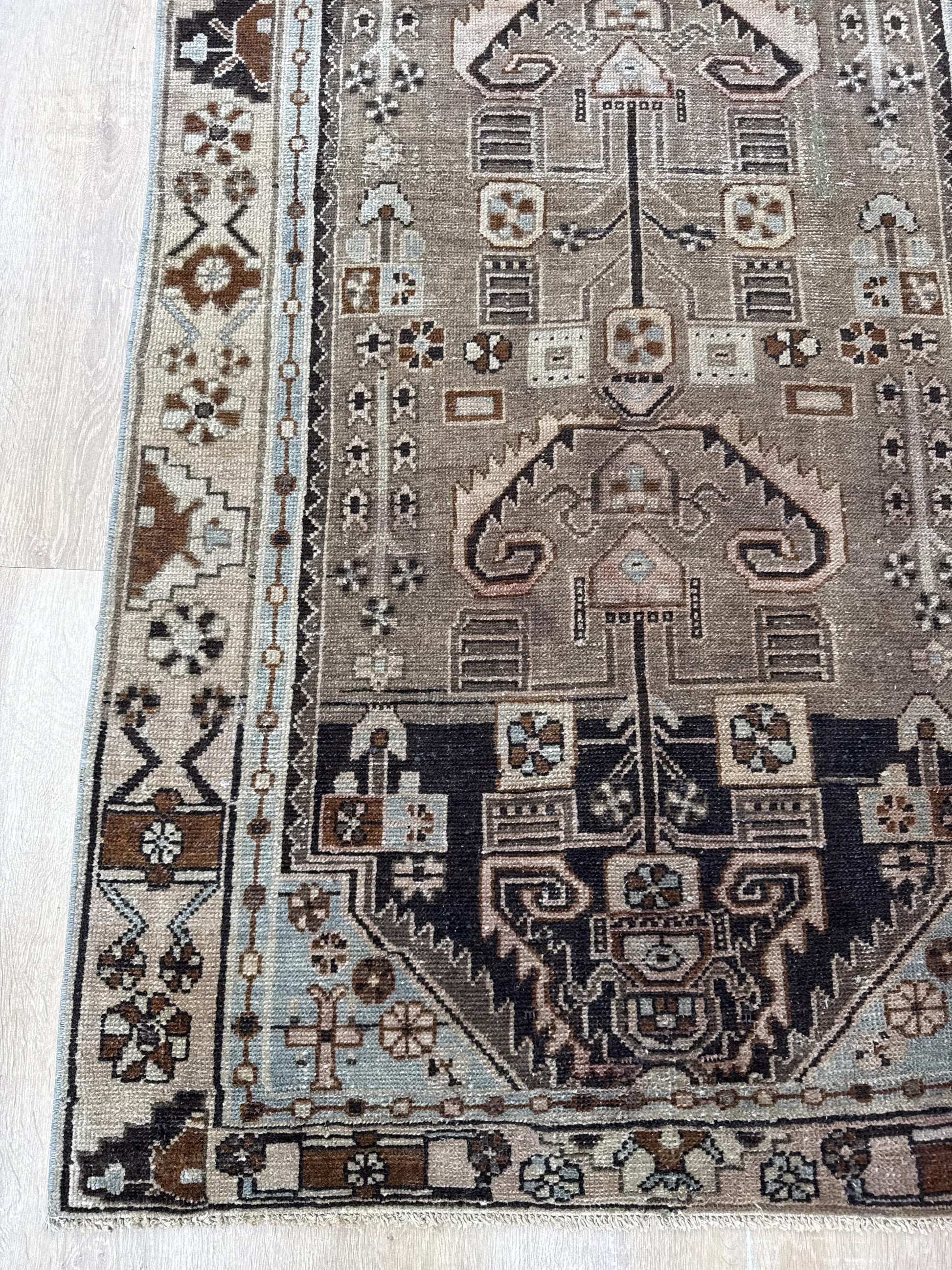 3'6"x16'2" Feet ,brown background Turkish vintage anatolian runner,beige,blue colors rugs,runner,beige border,Floral runner,04
