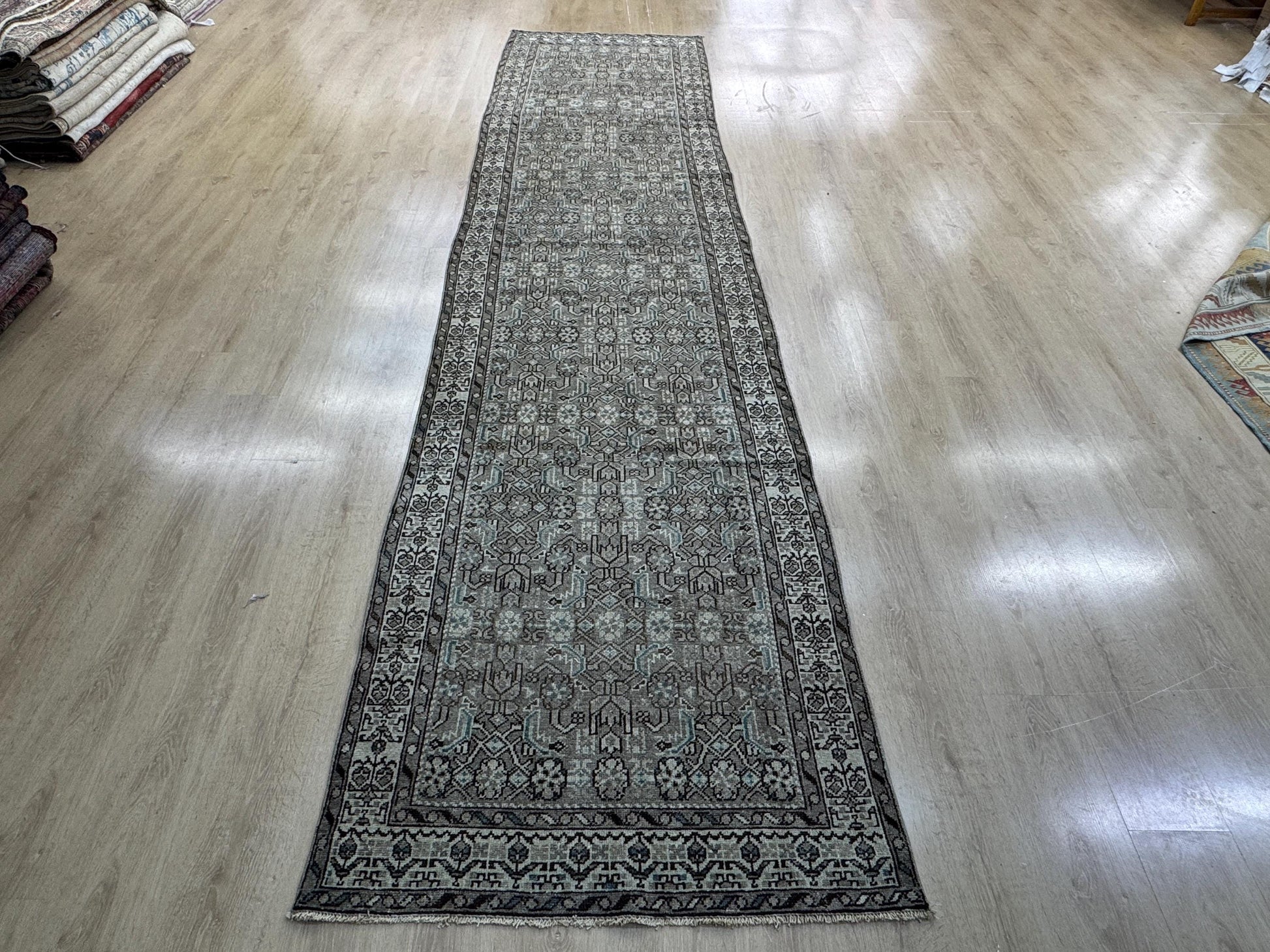 3'6"x14'1" Feet ,light brown background Turkish vintage anatolian runner,beige,blue colors runner,beige border,Floral runner,08