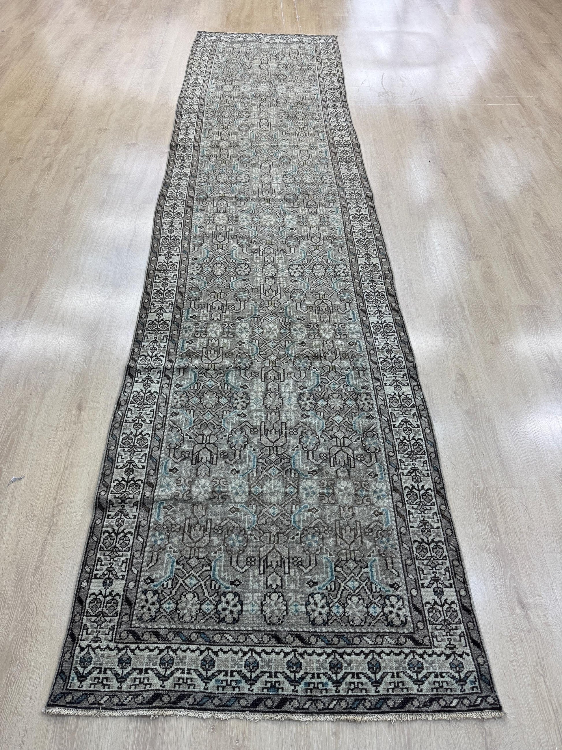 3'6"x14'1" Feet ,light brown background Turkish vintage anatolian runner,beige,blue colors runner,beige border,Floral runner,08