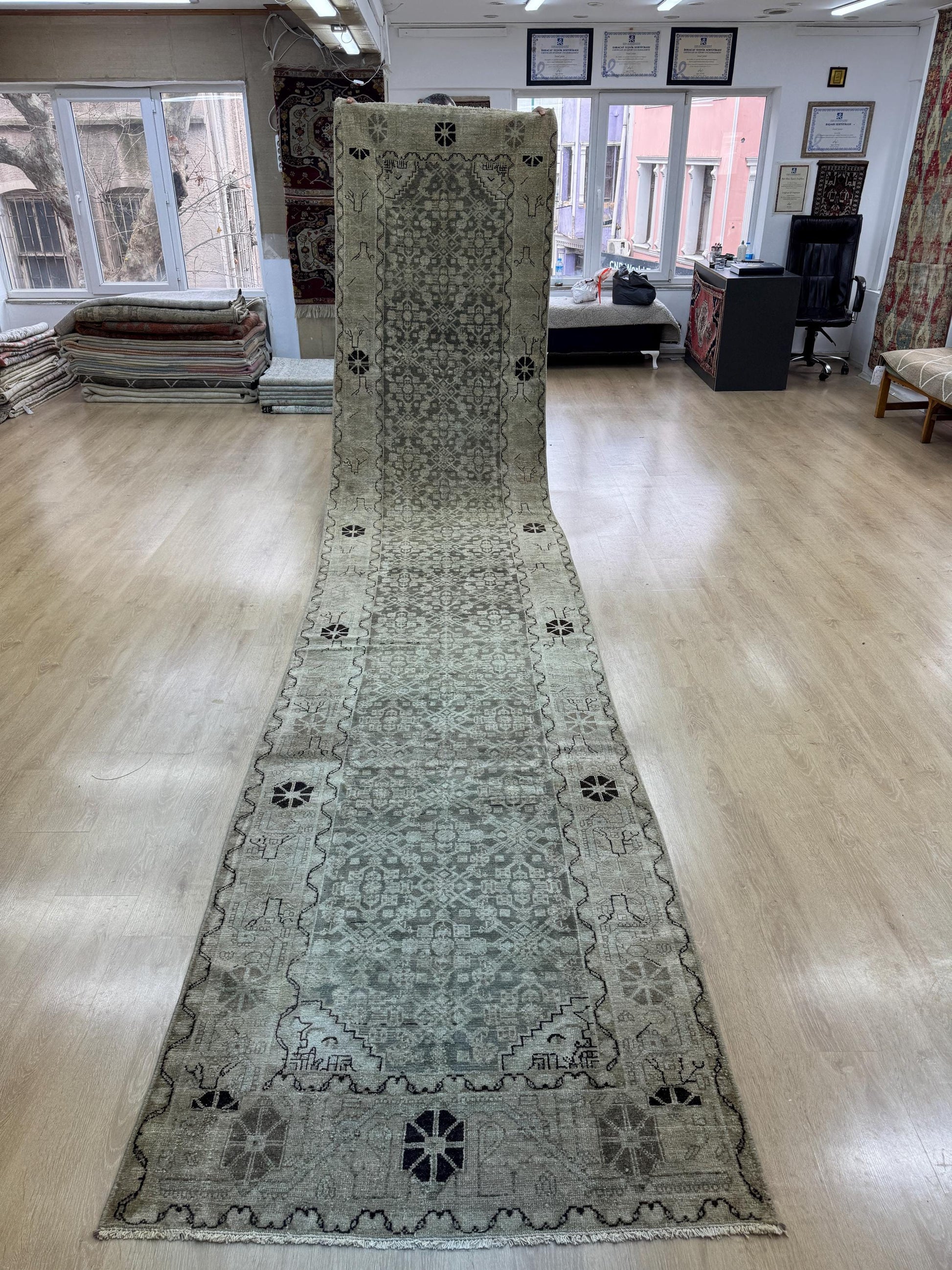 3'6"x16'10" Feet ,gray background Turkish vintage anatolian runner,beige,brown colors rugs,runner,beige border,Floral runner,10