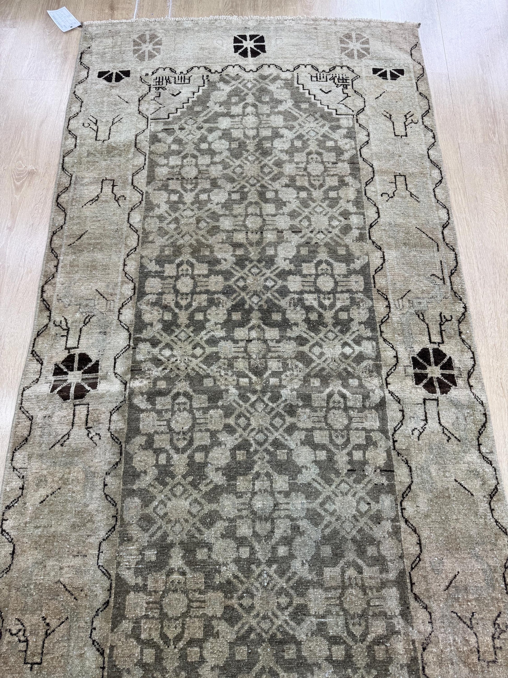 3'6"x16'10" Feet ,gray background Turkish vintage anatolian runner,beige,brown colors rugs,runner,beige border,Floral runner,10