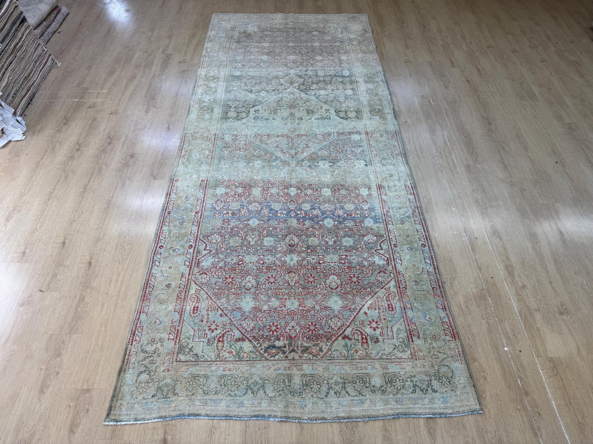 5'2"x12'3" Feet ,Blue background Turkish vintage anatolian rug,beige,red colors rugs,area rugs,beige border,Floral rugs,13