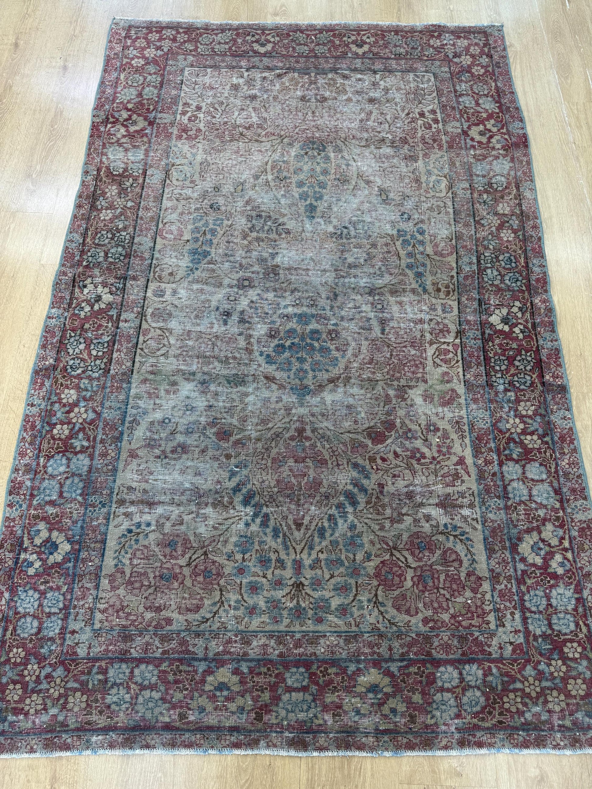 4'7"x7'2" Feet ,Beige background Turkish vintage anatolian rug,blue,red colors rugs,area rugs,red border,Floral rugs