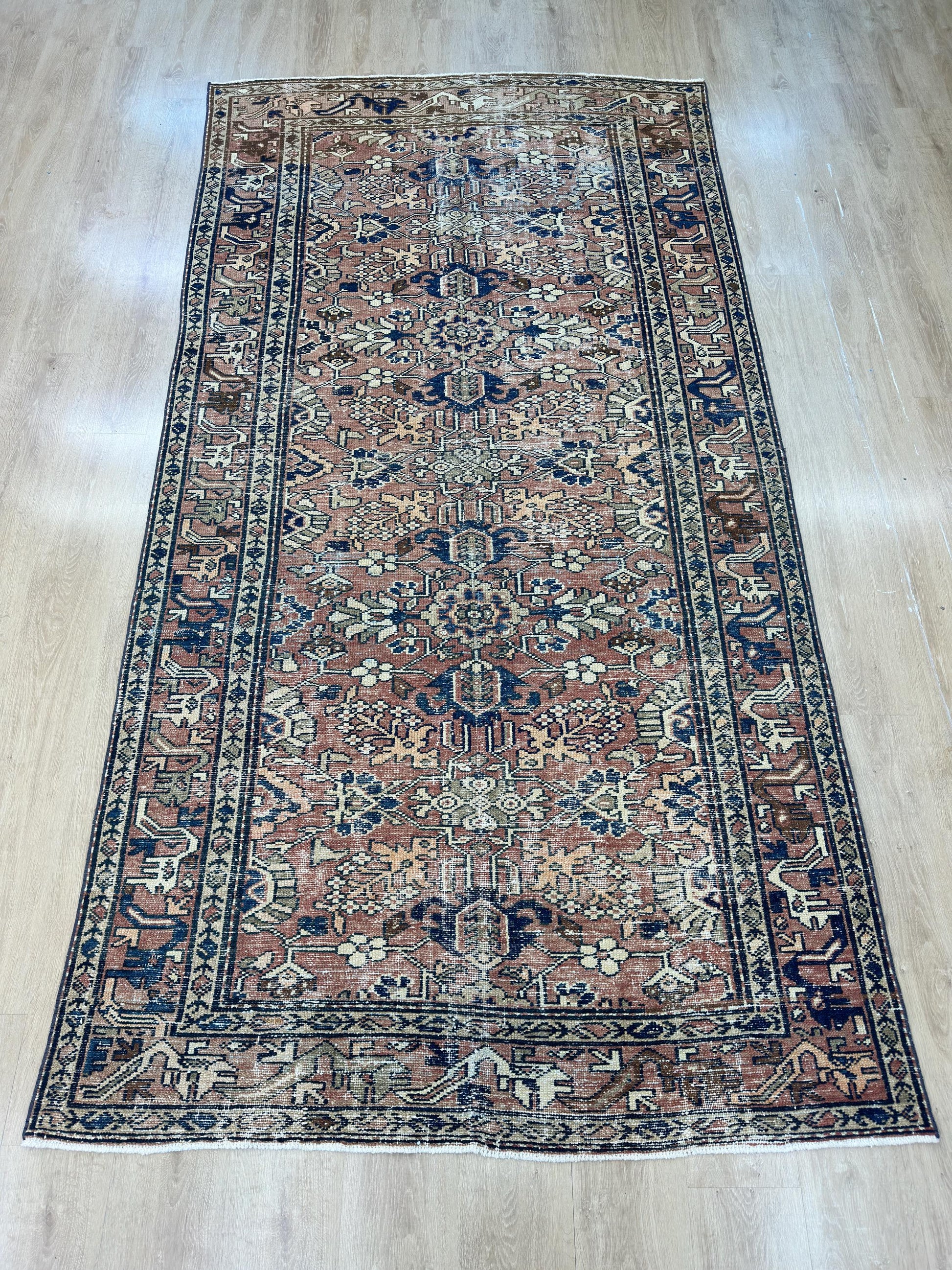 5'1"x9'8" Feet ,Light brick background Turkish vintage anatolian rug,navy blue,cream colors rugs,area rugs,cream border,Floral rugs,17