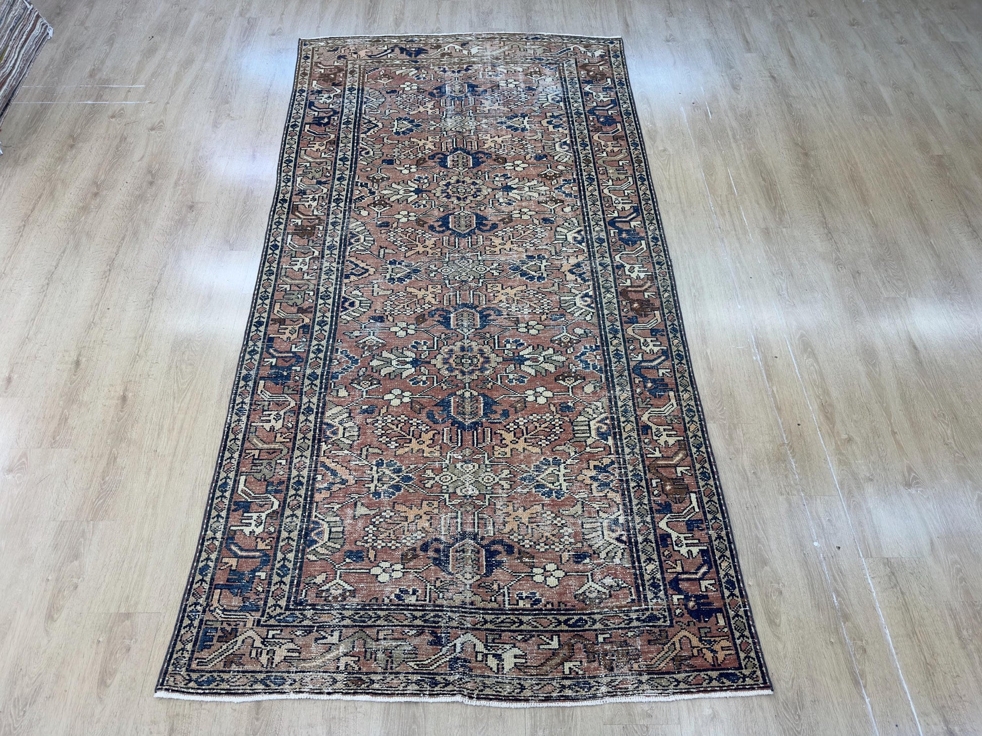5'1"x9'8" Feet ,Light brick background Turkish vintage anatolian rug,navy blue,cream colors rugs,area rugs,cream border,Floral rugs,17