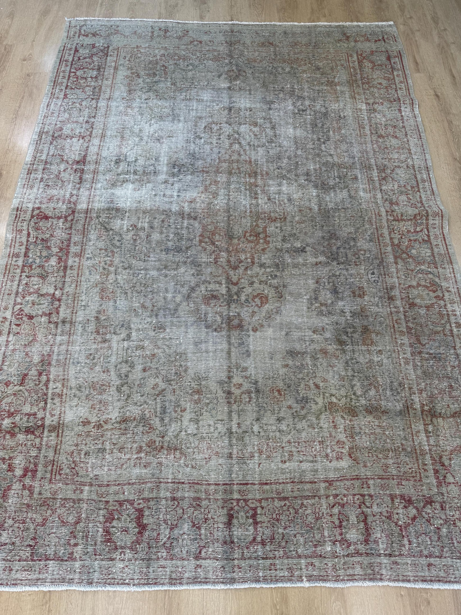 6'9"x10'9" Feet ,Beige background Turkish vintage anatolian rug,red,gray colors rugs,area rugs,red border,Floral rugs,24