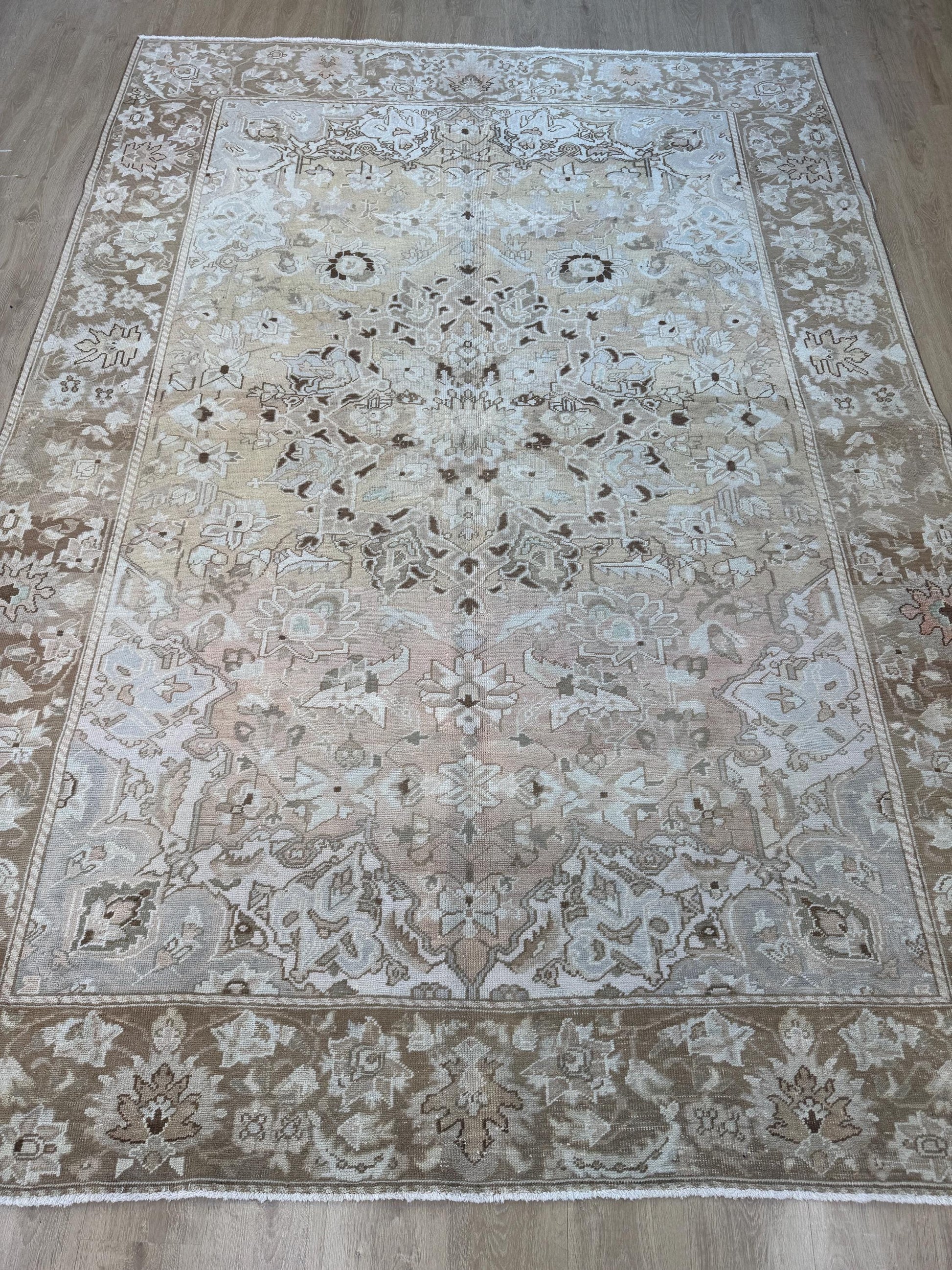 7'3"x10'5" Feet ,Beige background Turkish vintage anatolian rug,gray,brown colors rugs,area rugs,brown border,Floral rugs,25