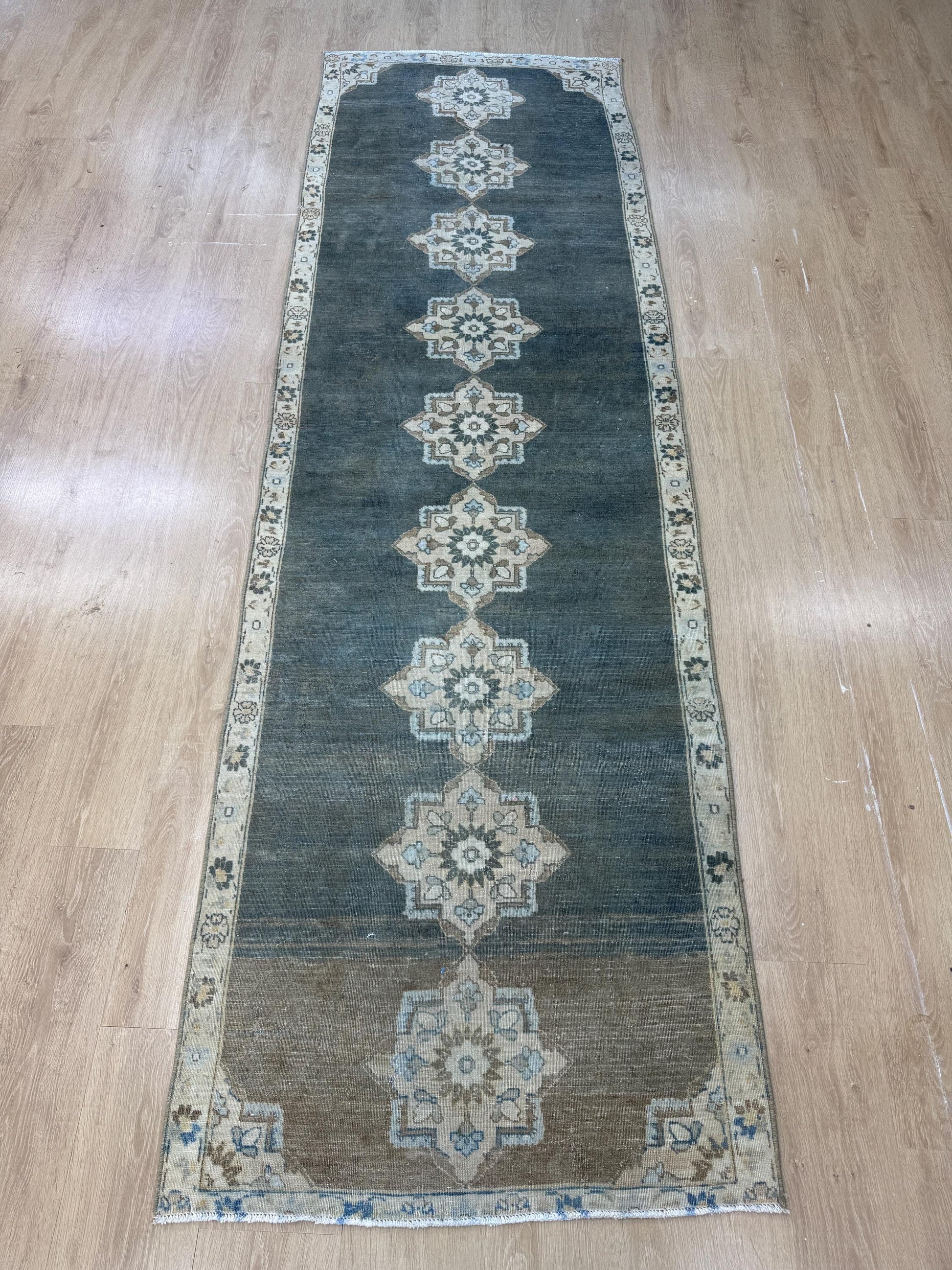 3"x9'5" Feet ,blue background Turkish vintage anatolian runner,beige,brown colors rugs,runner,beige border,Floral runner,27