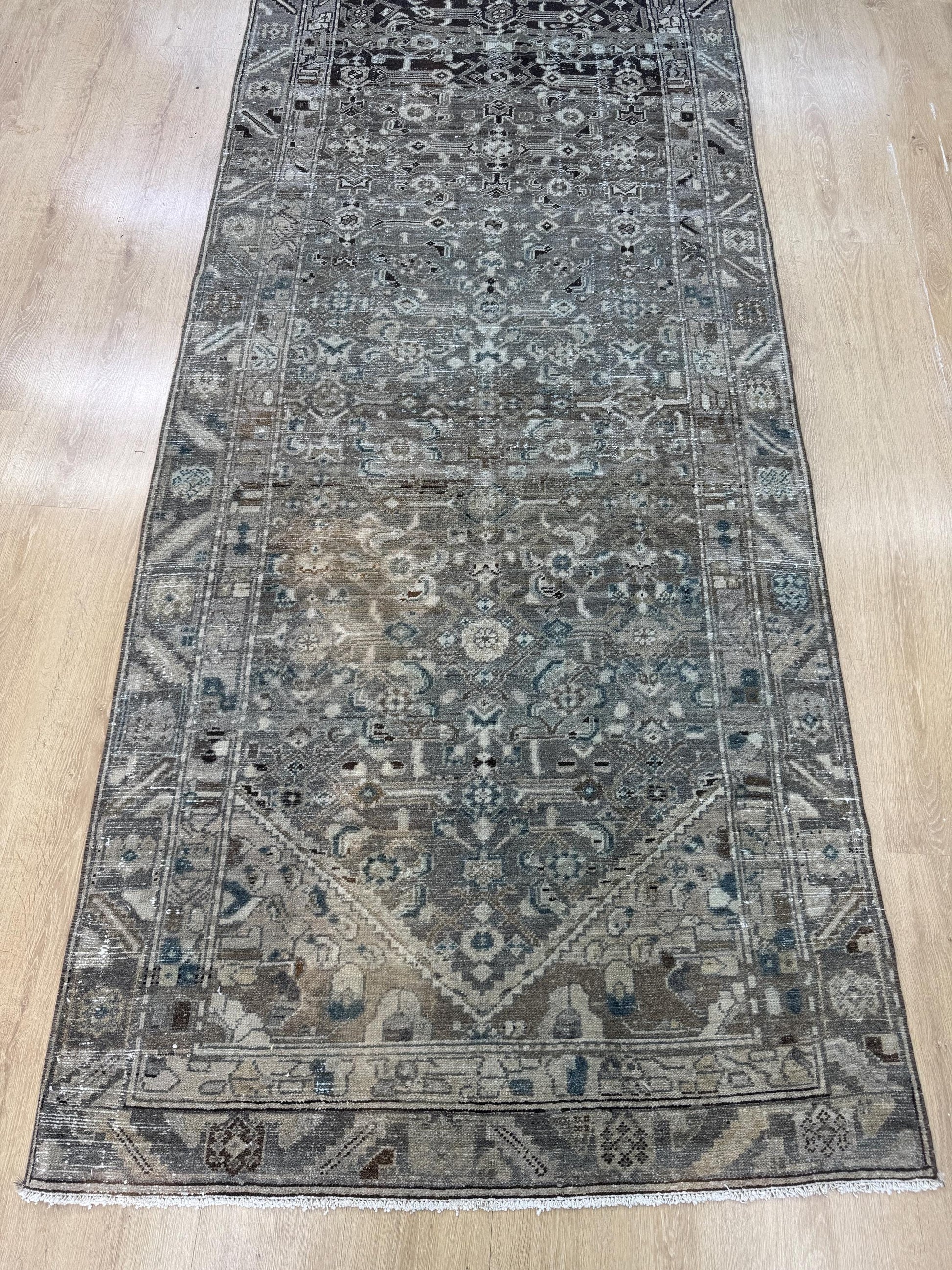4"x15'9" Feet ,Gray background Turkish vintage anatolian runner,beige,brown colors rugs,runner,beige border,Floral runner,28