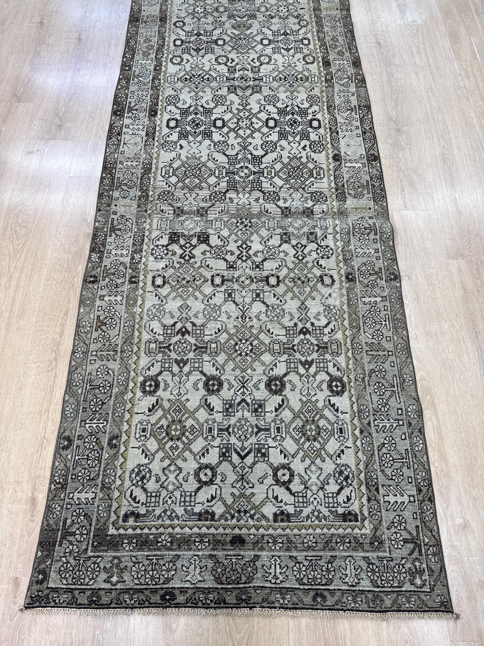 3'5"x15'6" Feet ,cream background Turkish vintage anatolian runner,brown,gray colors rugs,runner,gray border,Floral runner,30