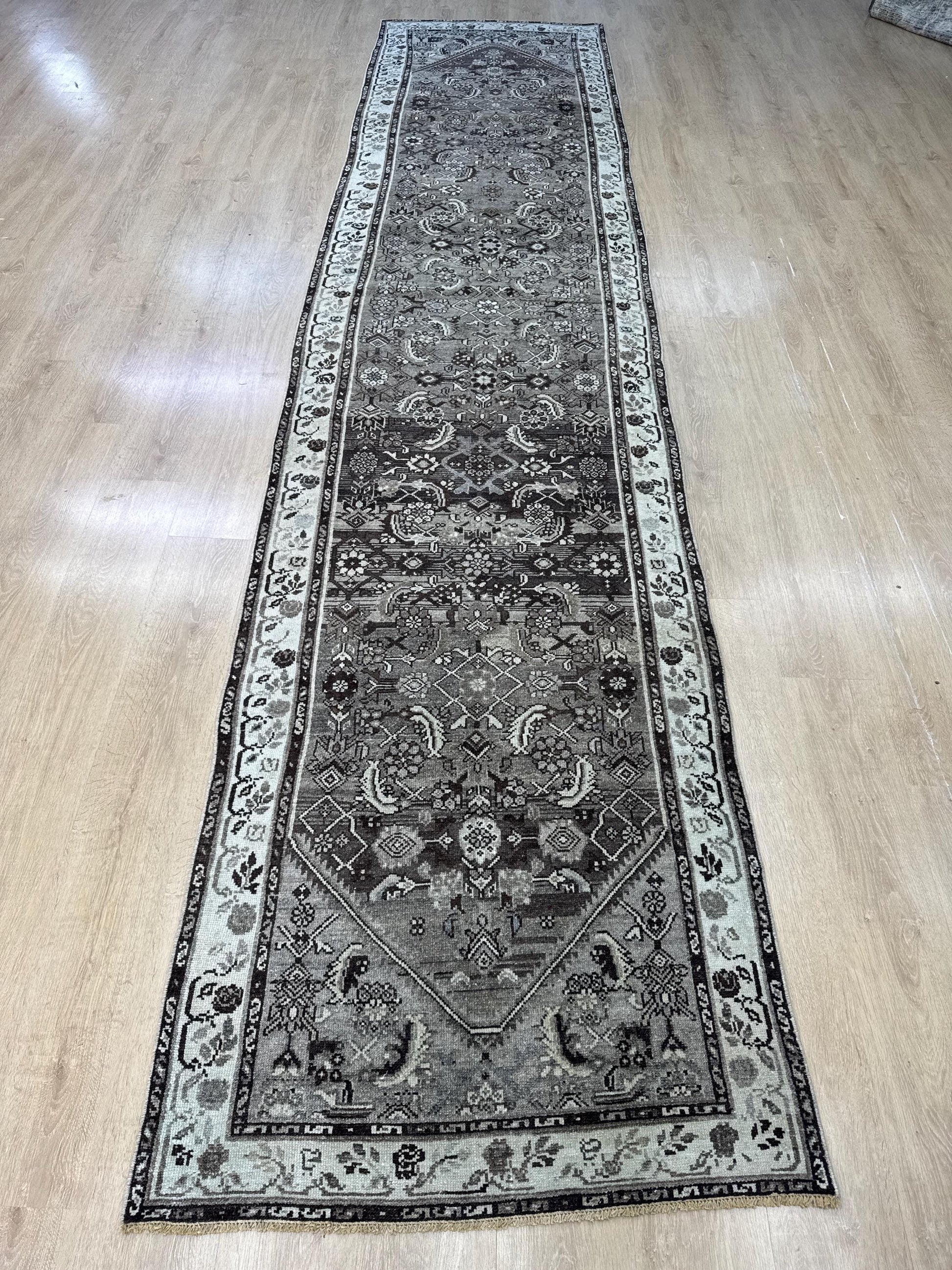 3'4"x14'11" Feet ,Gray background Turkish vintage anatolian runner,brown,cream colors rugs,runner,cream border,Floral runner,31
