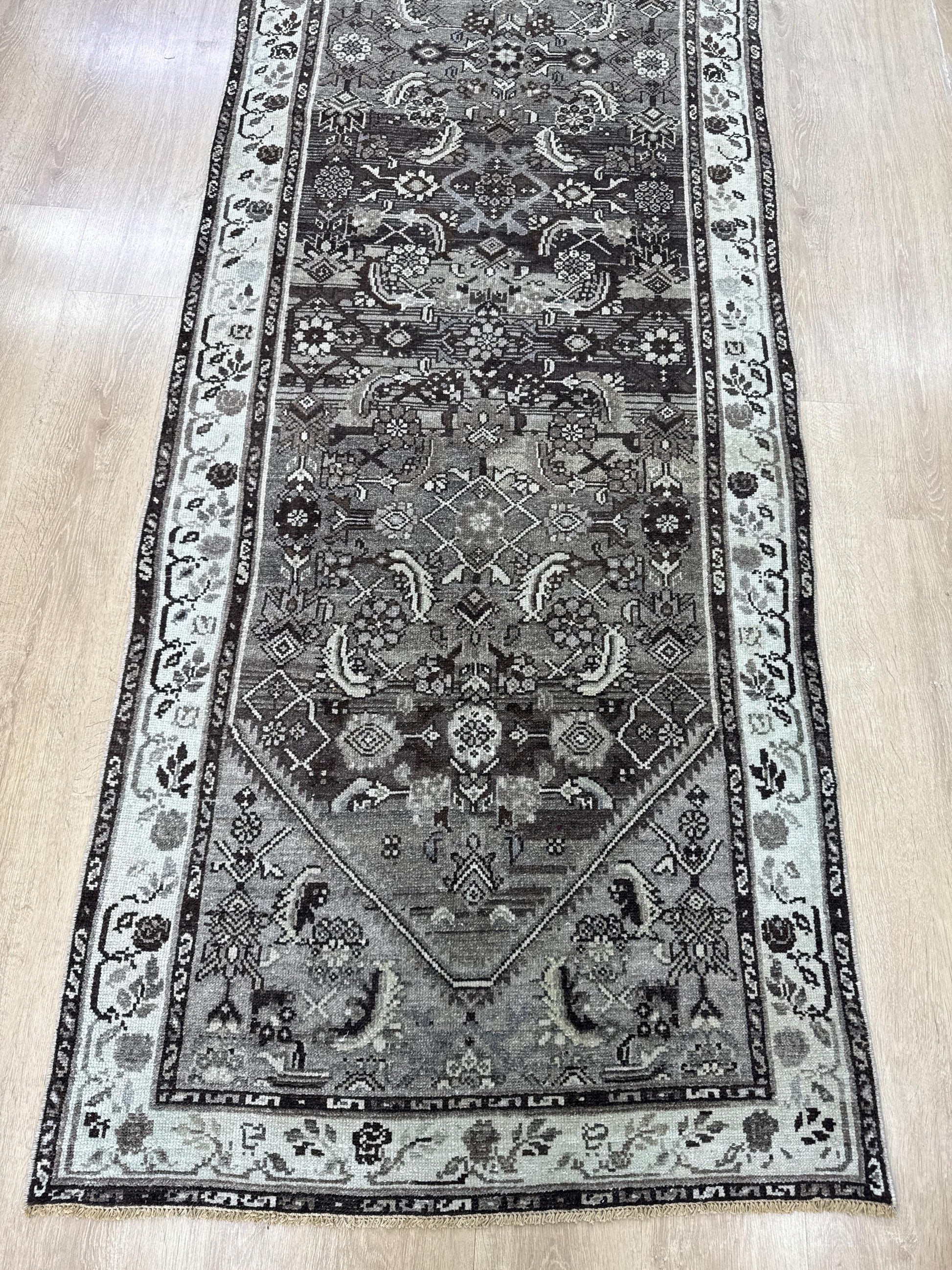 3'4"x14'11" Feet ,Gray background Turkish vintage anatolian runner,brown,cream colors rugs,runner,cream border,Floral runner,31