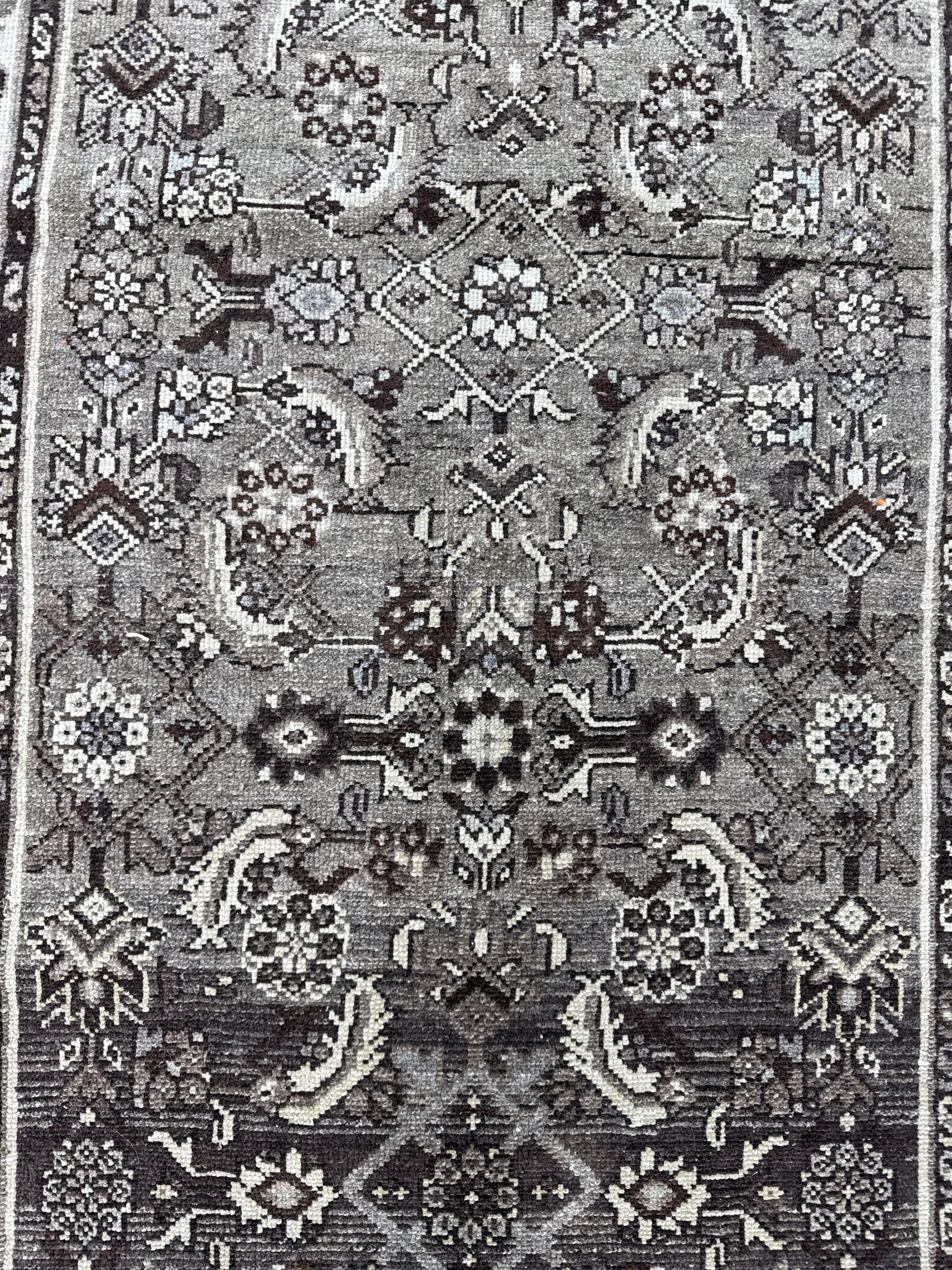 3'4"x14'11" Feet ,Gray background Turkish vintage anatolian runner,brown,cream colors rugs,runner,cream border,Floral runner,31