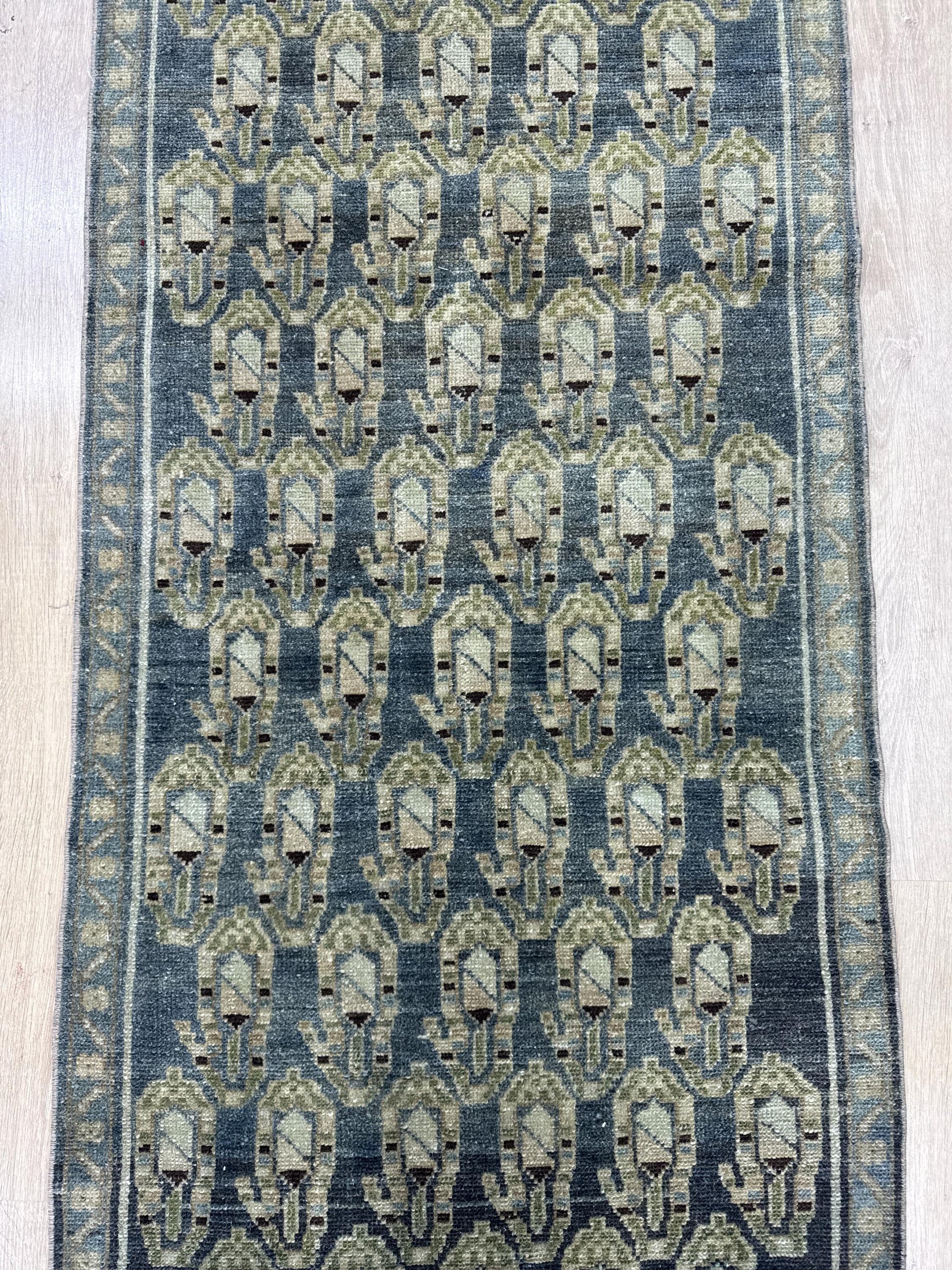 2'8"x17" Feet ,blue background Turkish vintage anatolian runner,beige,cream colors rugs,runner,blue border,Floral runner,32