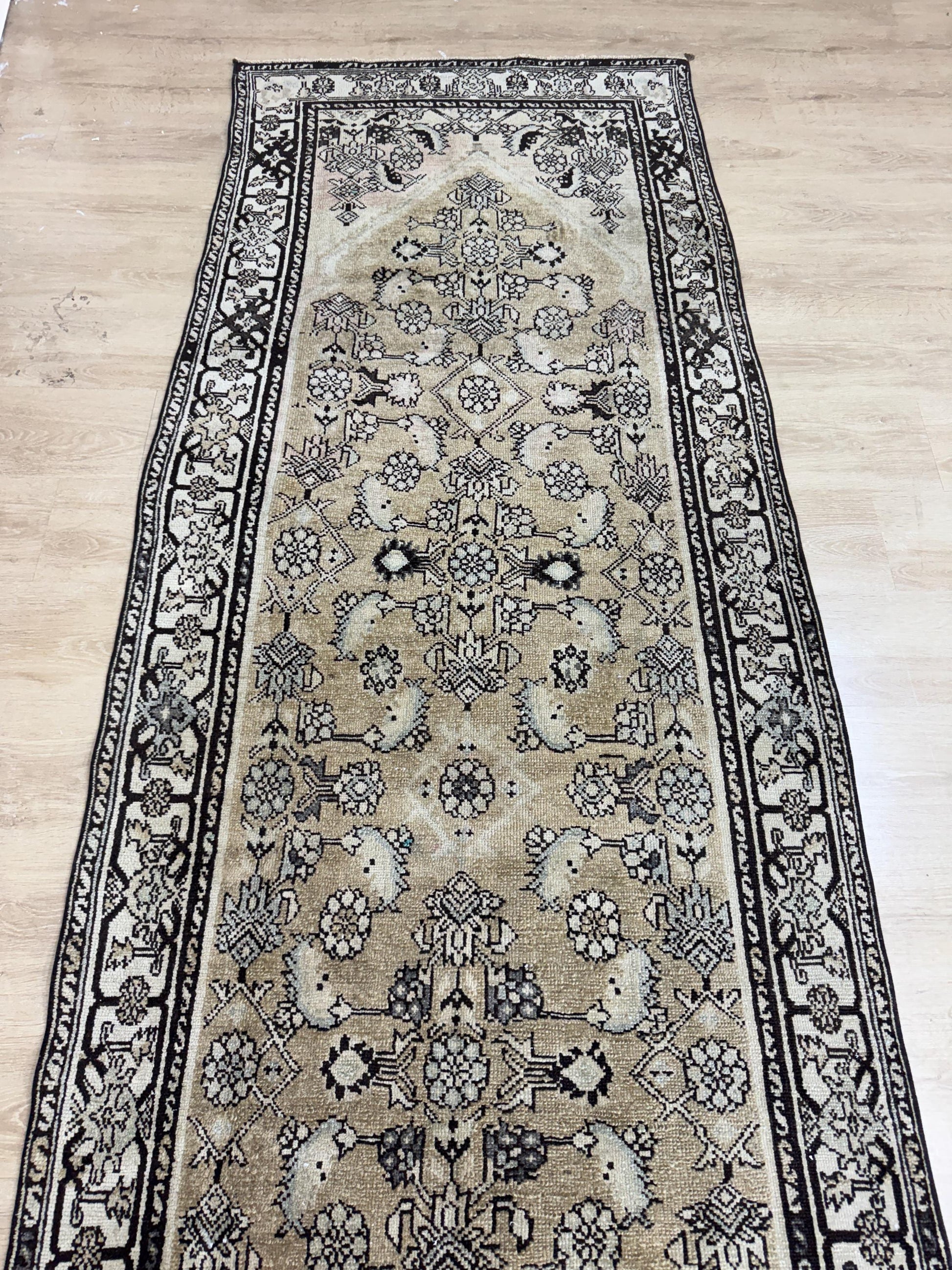 3'5"x16'5" Feet ,Yellow background Turkish vintage anatolian runner, brown,cream colors rugs,runner,cream border,Floral runner,42