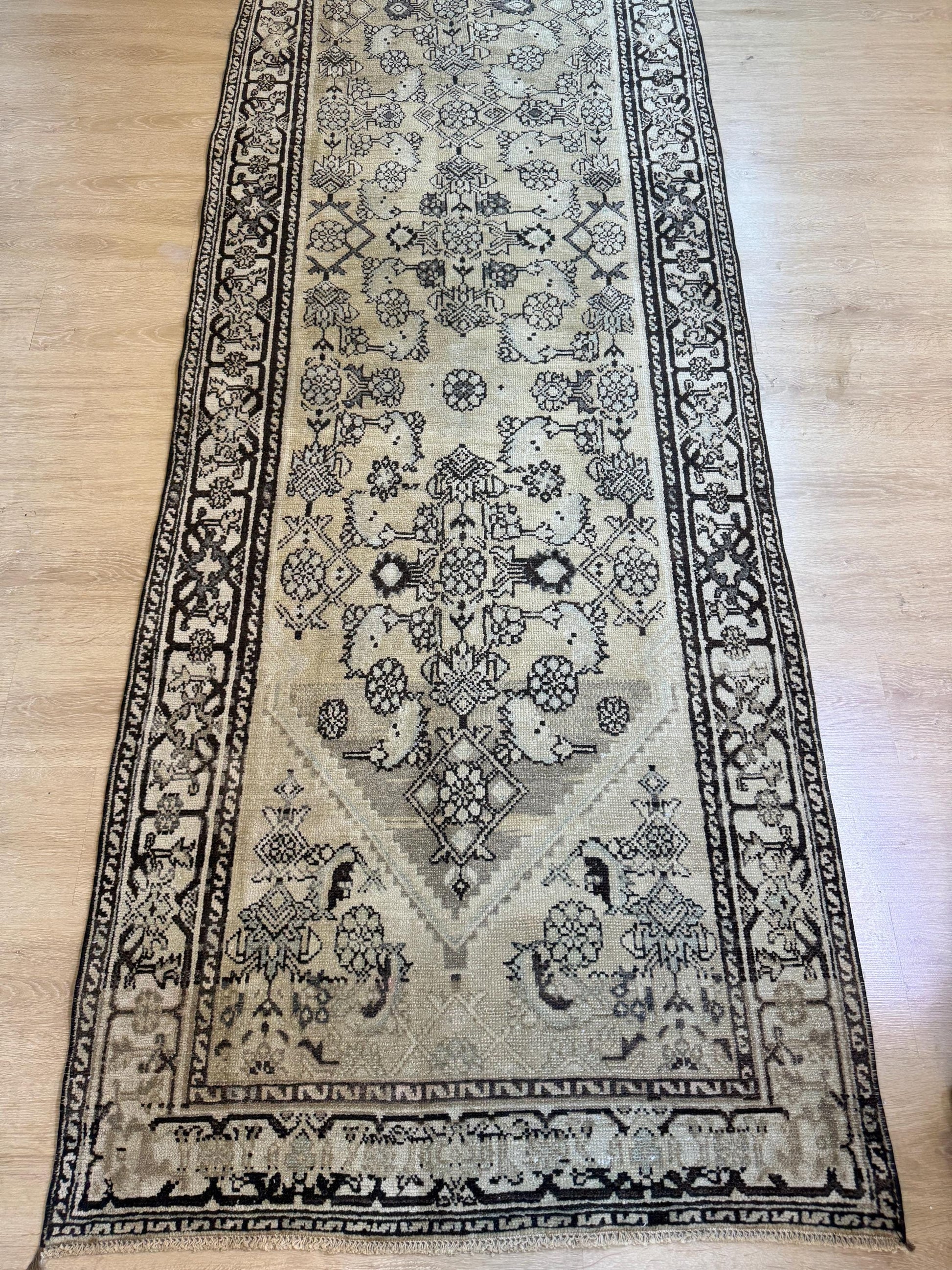3'5"x16'5" Feet ,Yellow background Turkish vintage anatolian runner, brown,cream colors rugs,runner,cream border,Floral runner,42