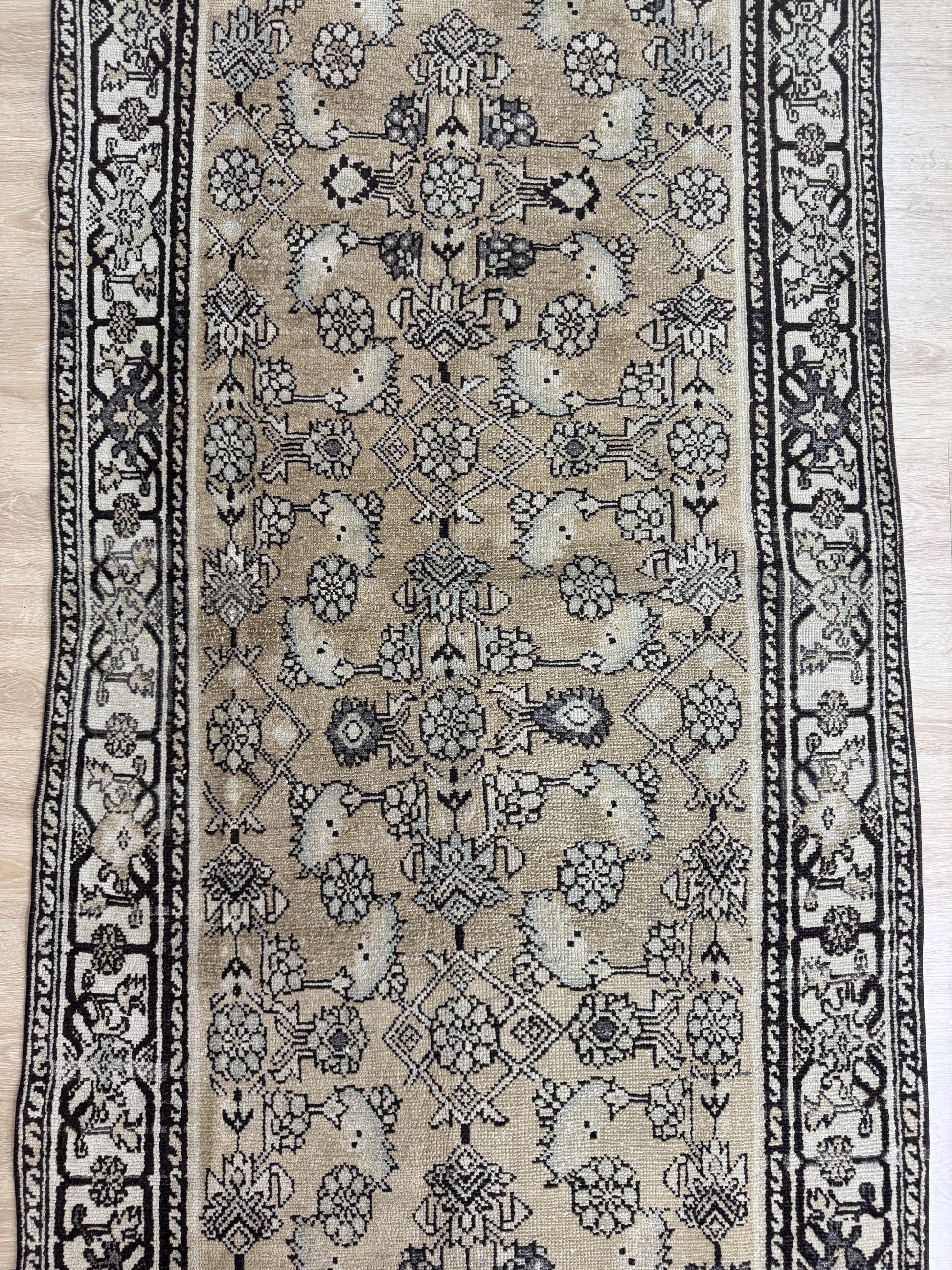 3'5"x16'5" Feet ,Yellow background Turkish vintage anatolian runner, brown,cream colors rugs,runner,cream border,Floral runner,42
