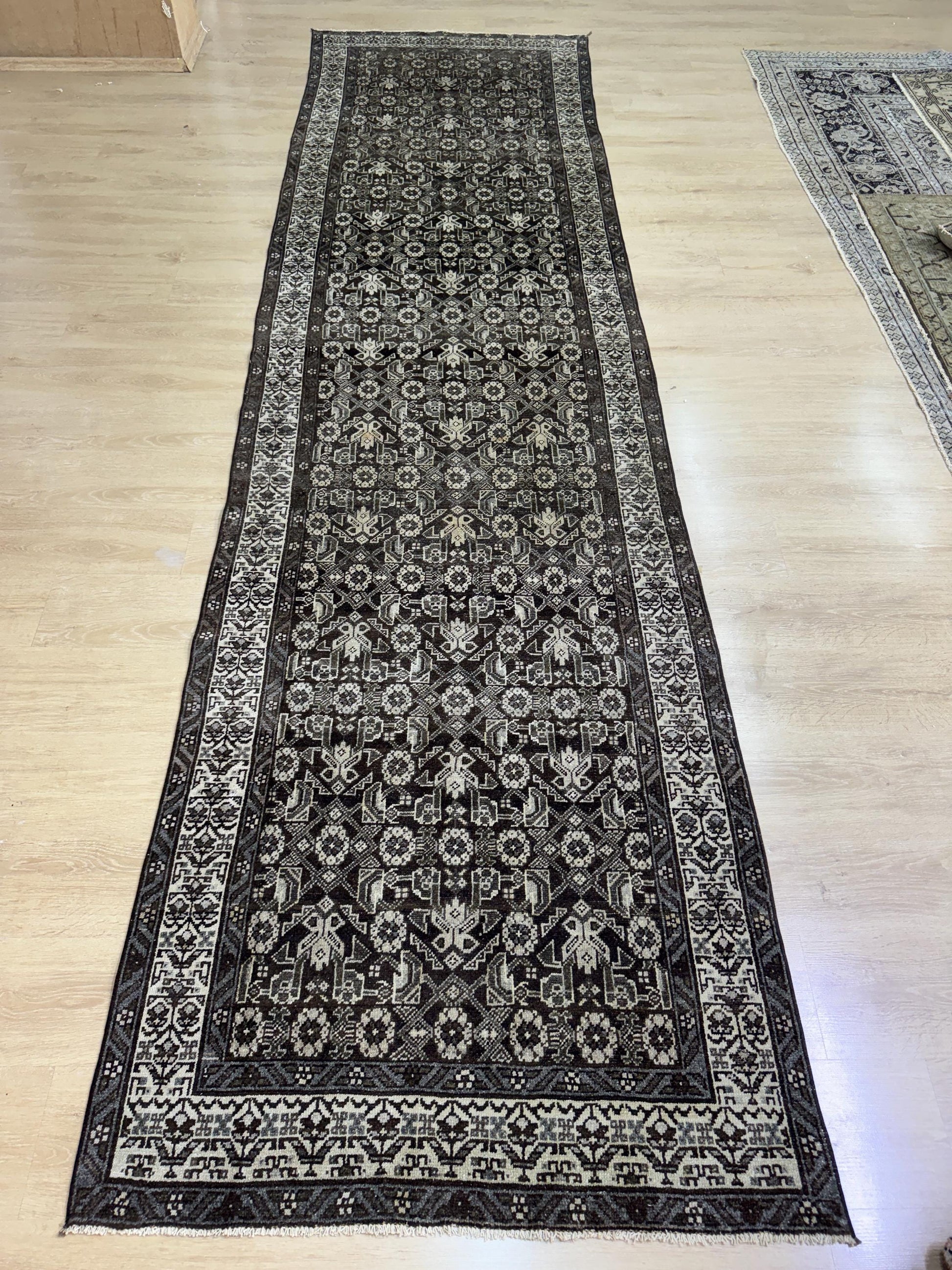 3'6"x13'1" Feet ,dark brown background Turkish vintage anatolian runner,beige colors rugs,runner,beige border,Floral runner,43