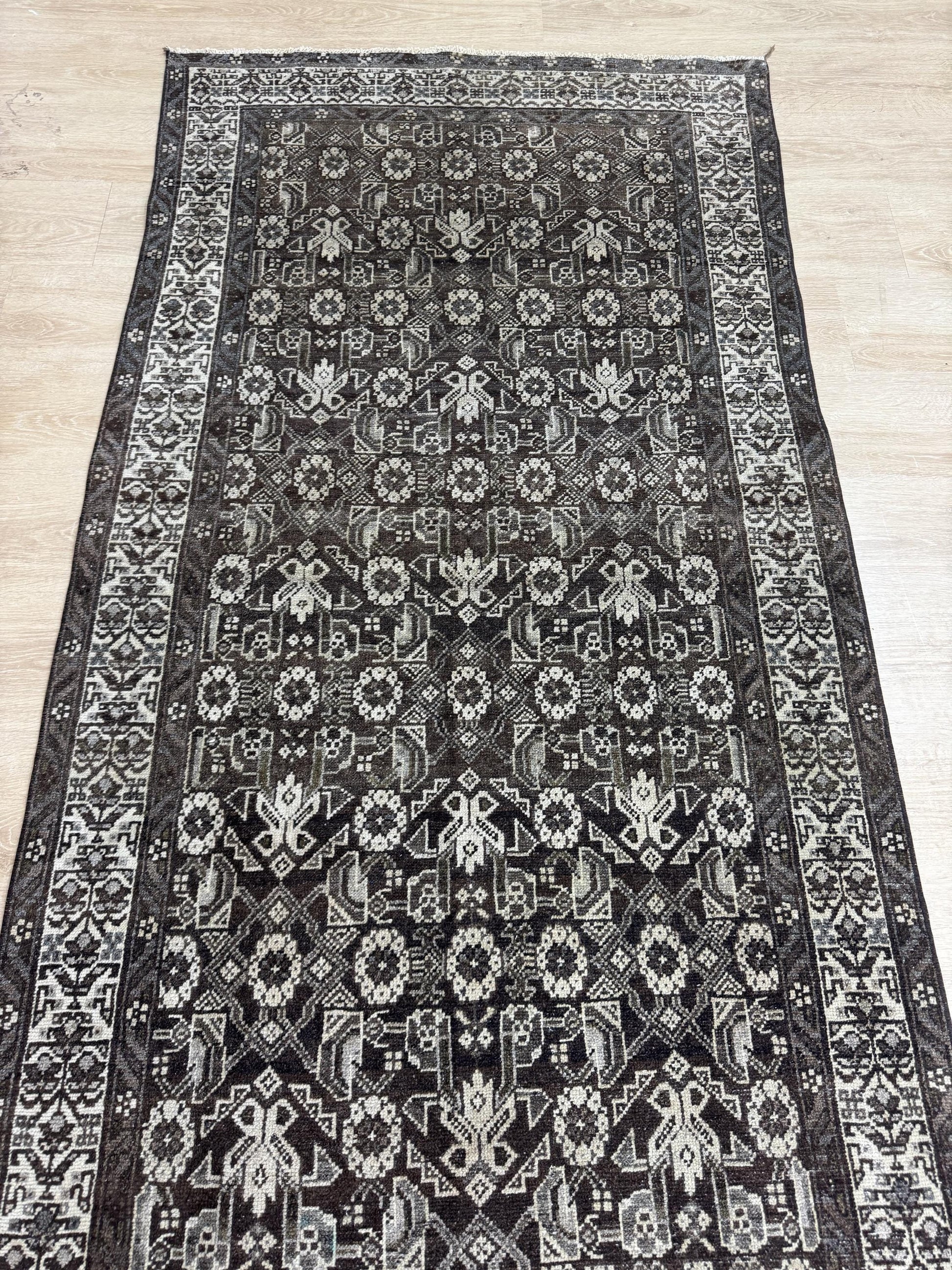 3'6"x13'1" Feet ,dark brown background Turkish vintage anatolian runner,beige colors rugs,runner,beige border,Floral runner,43