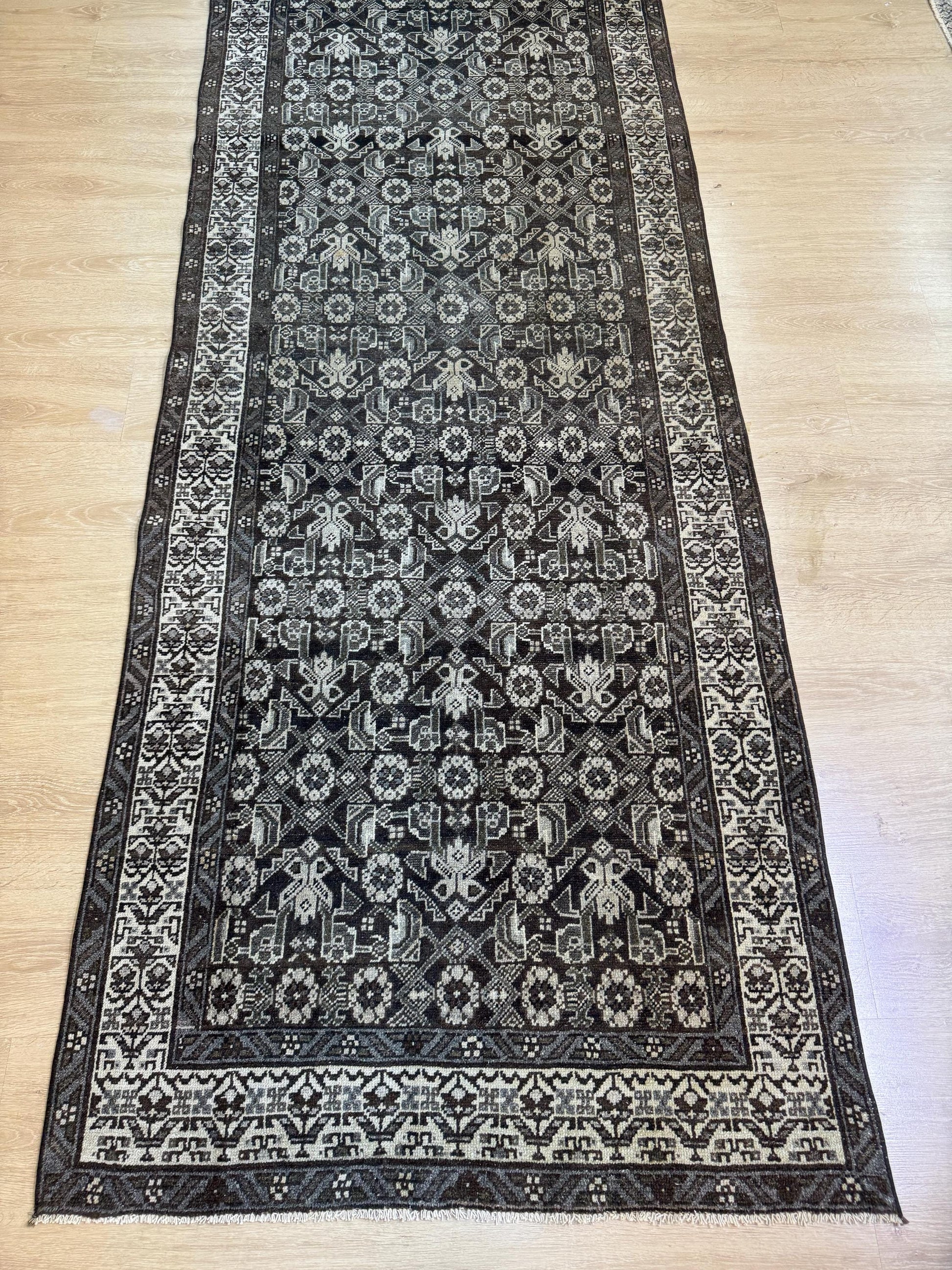 3'6"x13'1" Feet ,dark brown background Turkish vintage anatolian runner,beige colors rugs,runner,beige border,Floral runner,43