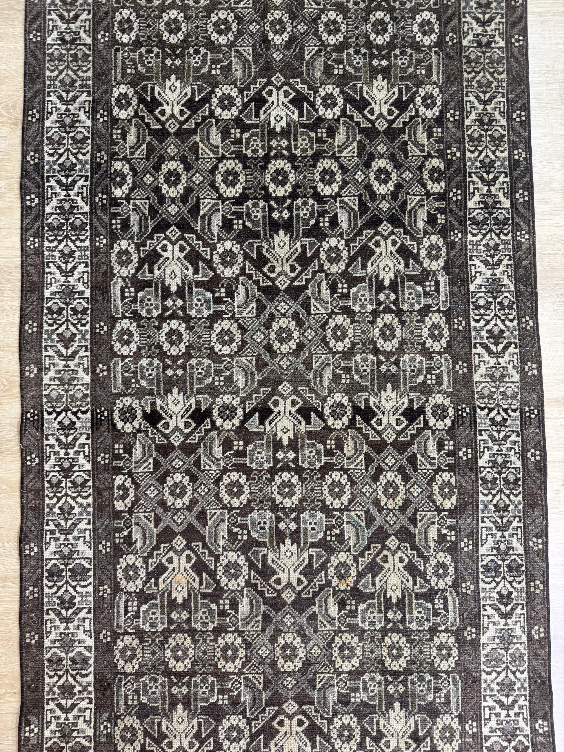 3'6"x13'1" Feet ,dark brown background Turkish vintage anatolian runner,beige colors rugs,runner,beige border,Floral runner,43