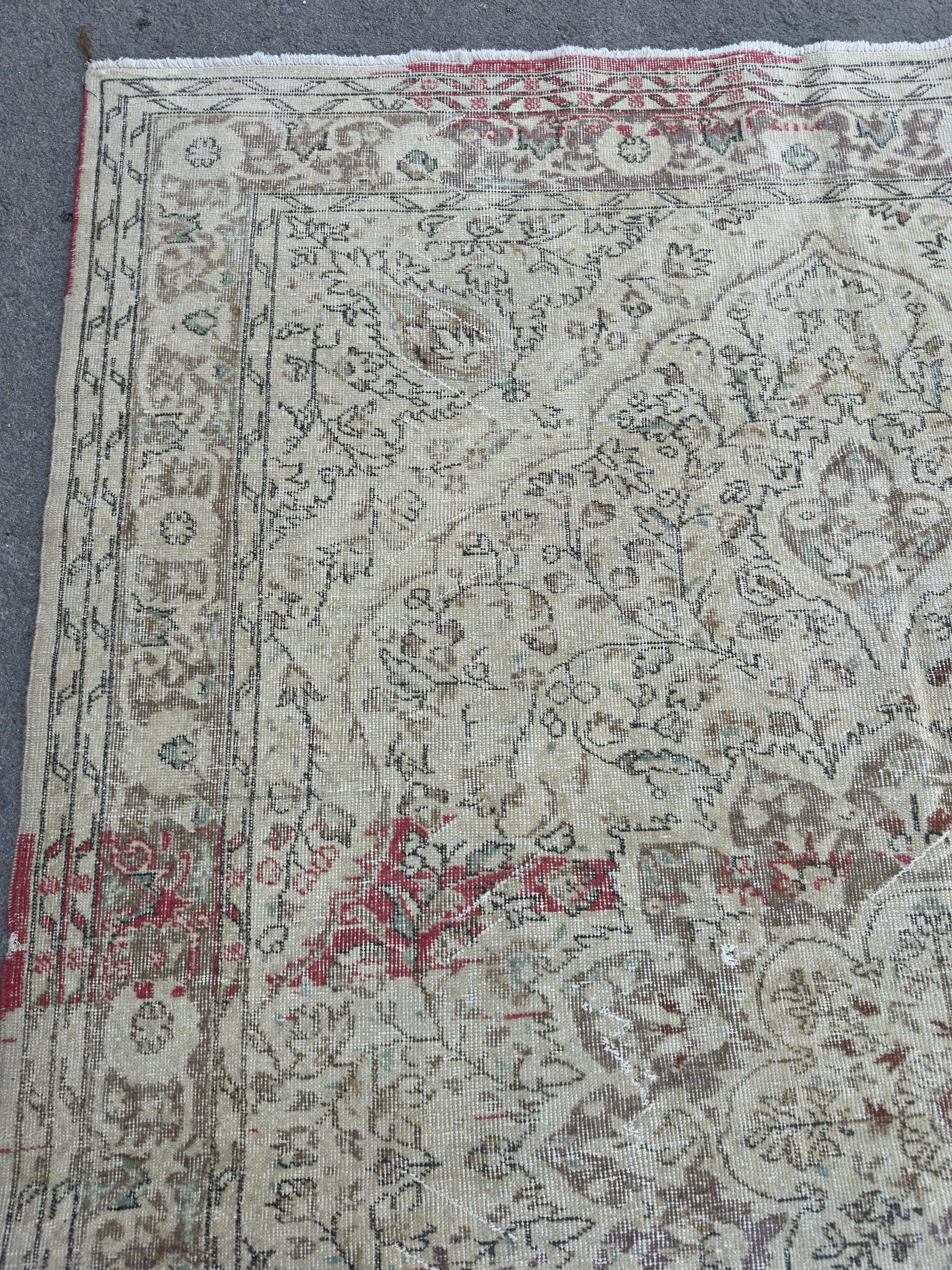 6'8"x9'5" Feet ,Beige background Turkish vintage anatolian rug,brown colors rugs,area rugs,brown border,Floral rugs,476