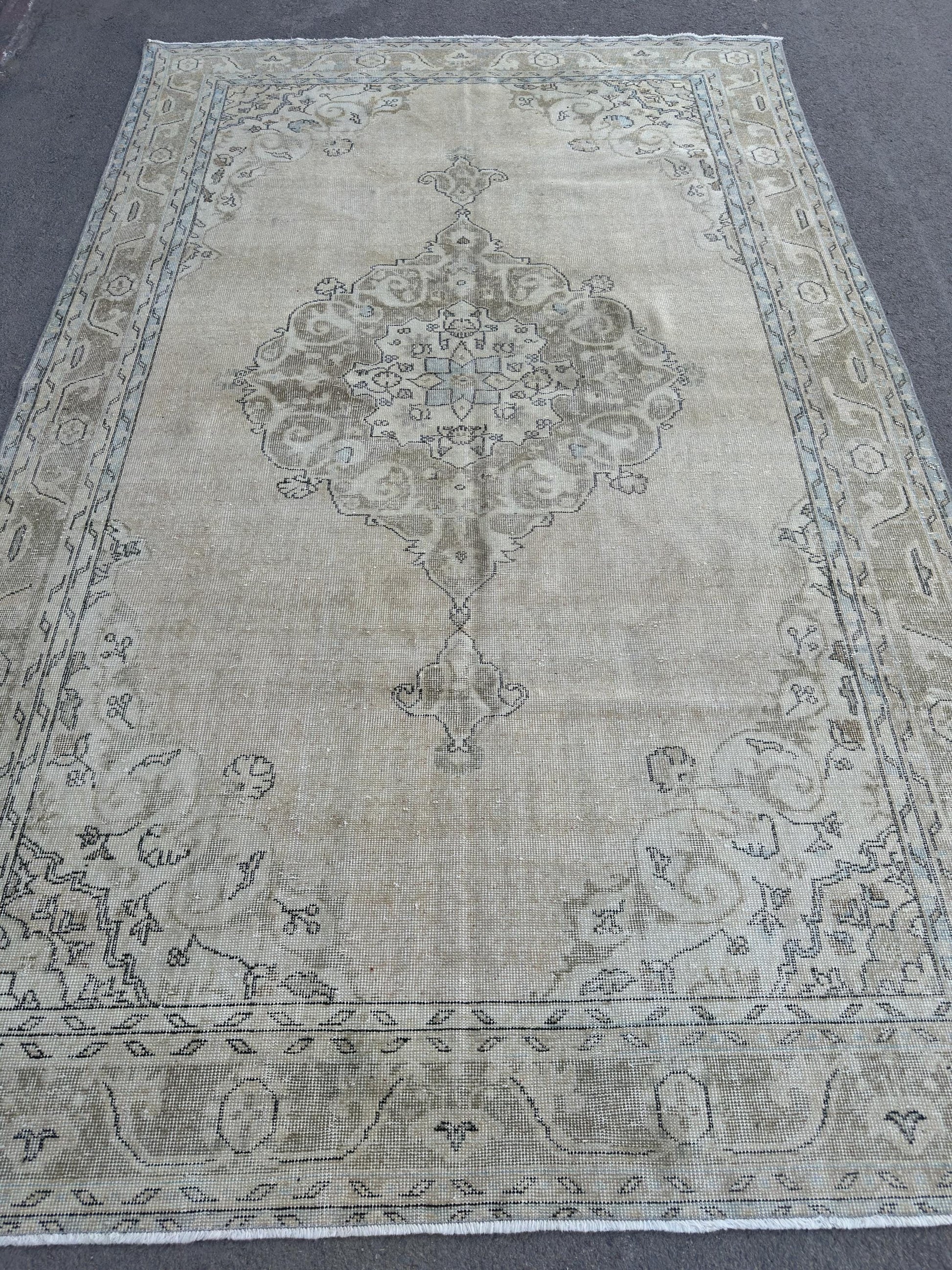 6'11"x11" Feet ,Beige background Turkish vintage anatolian rug, light brown,cream colors rugs,area rugs, light brown border,Floral rugs,452