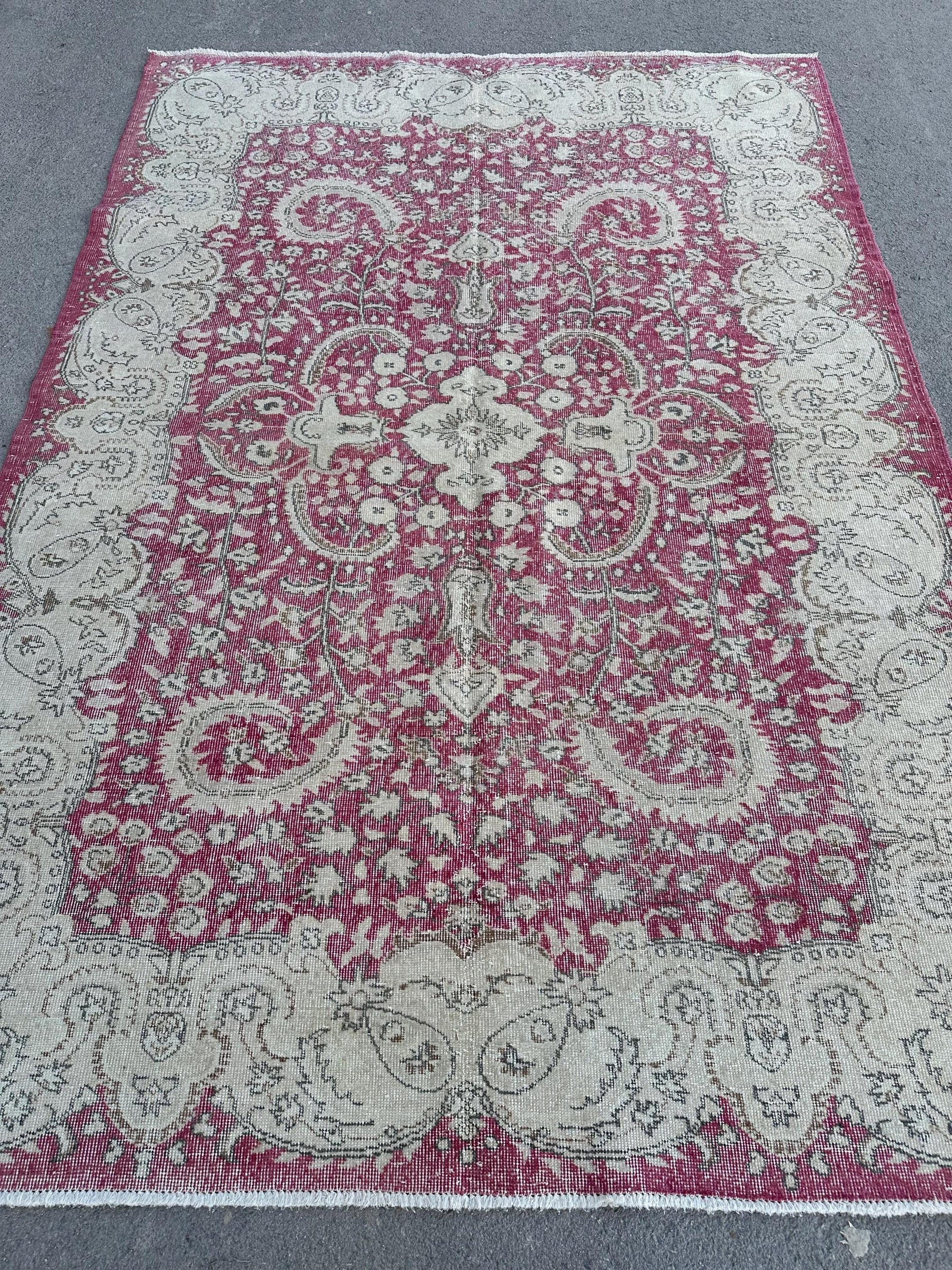 6'4"x9'2" Feet,Pink background Turkish vintage anatolian rug,beige,brown colors rugs,area rugs,beige border,Floral rug,454