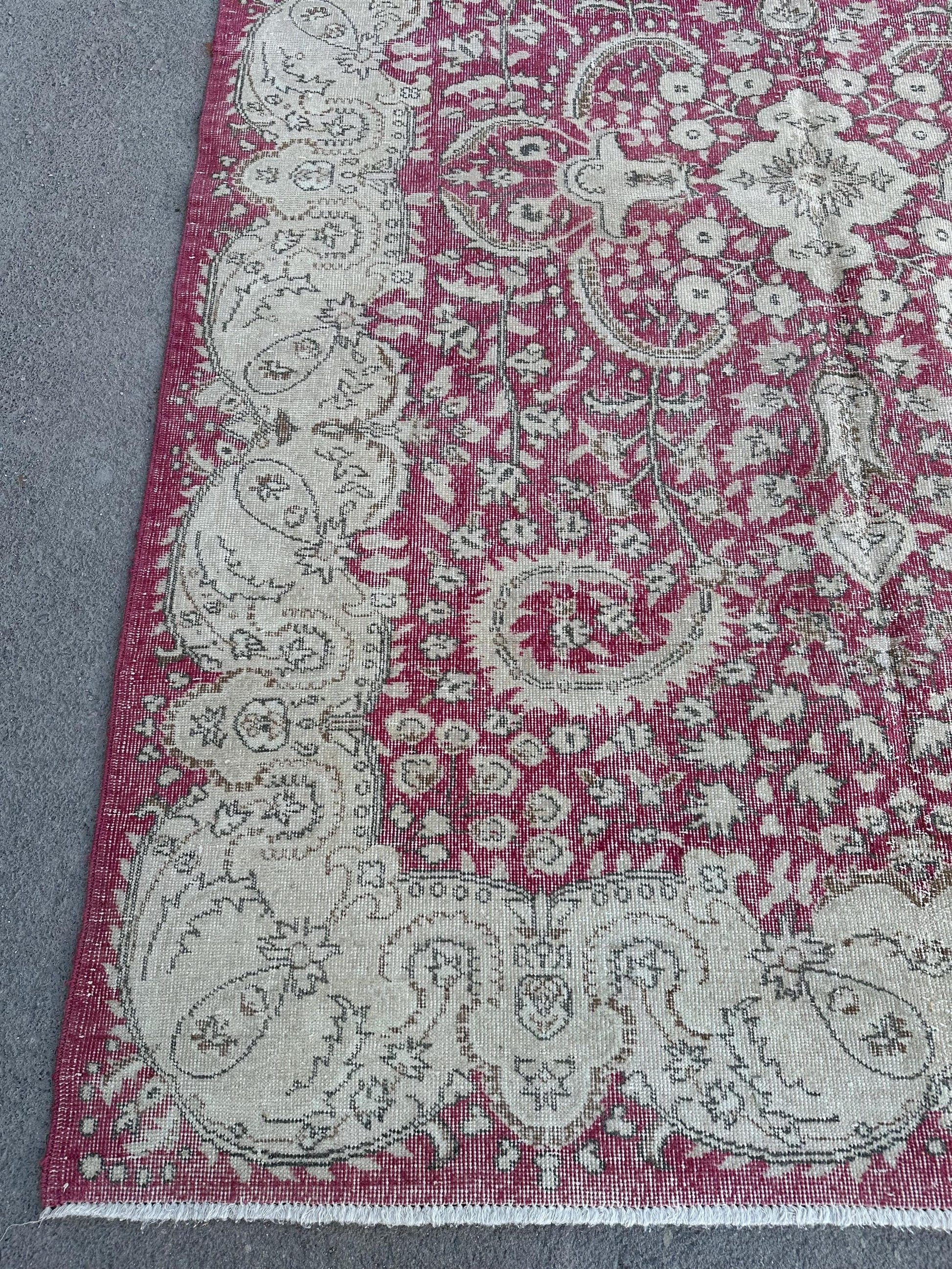 6'4"x9'2" Feet,Pink background Turkish vintage anatolian rug,beige,brown colors rugs,area rugs,beige border,Floral rug,454