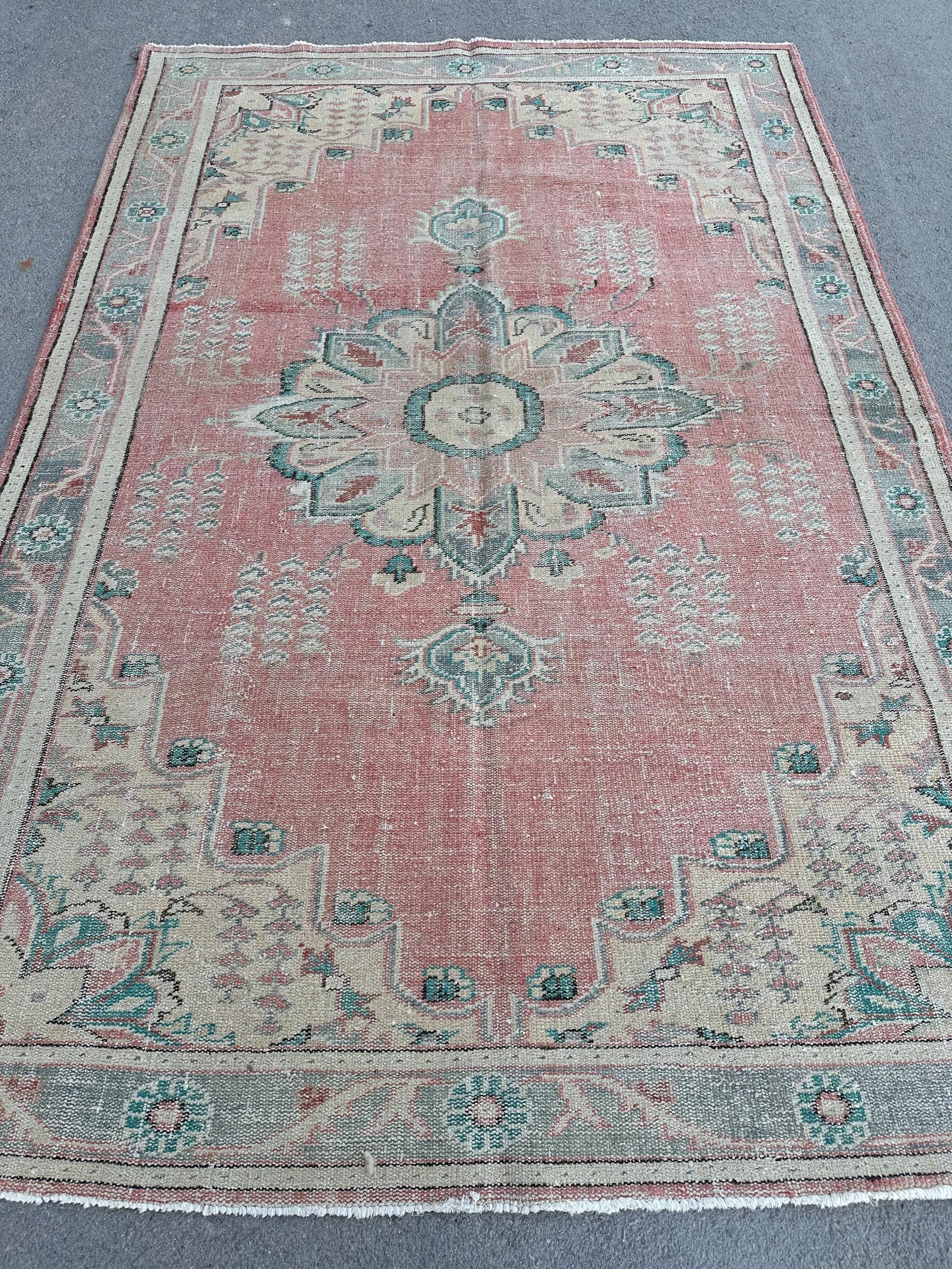 6'5"x9'6" Feet ,Pink background Turkish vintage anatolian rug,beige,green,gray colors rugs,area rugs,gray border,Floral rugs,470