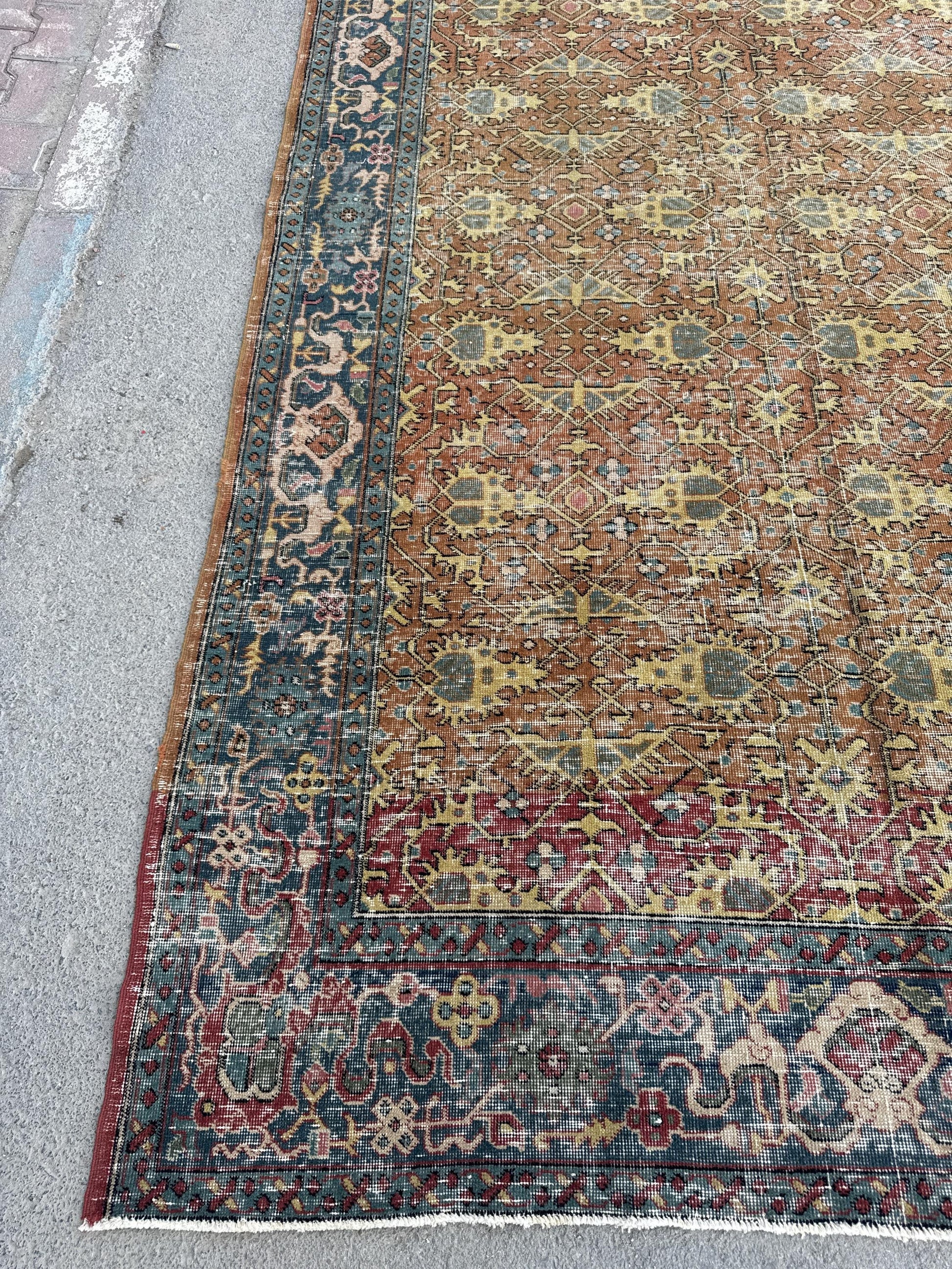 6'5"x10'10" Feet ,Orange background Turkish vintage anatolian rug,yellow,red colors rugs,area rugs,blue border,Floral rugs,578